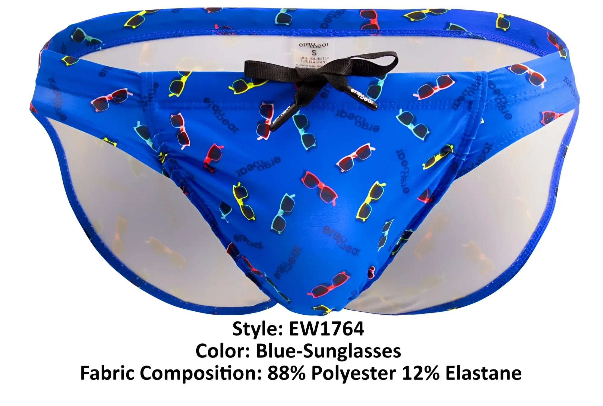 ErgoWear ew1764 feel sw blue swim briefs with colorful sunglasses print and a black bow at the waistband