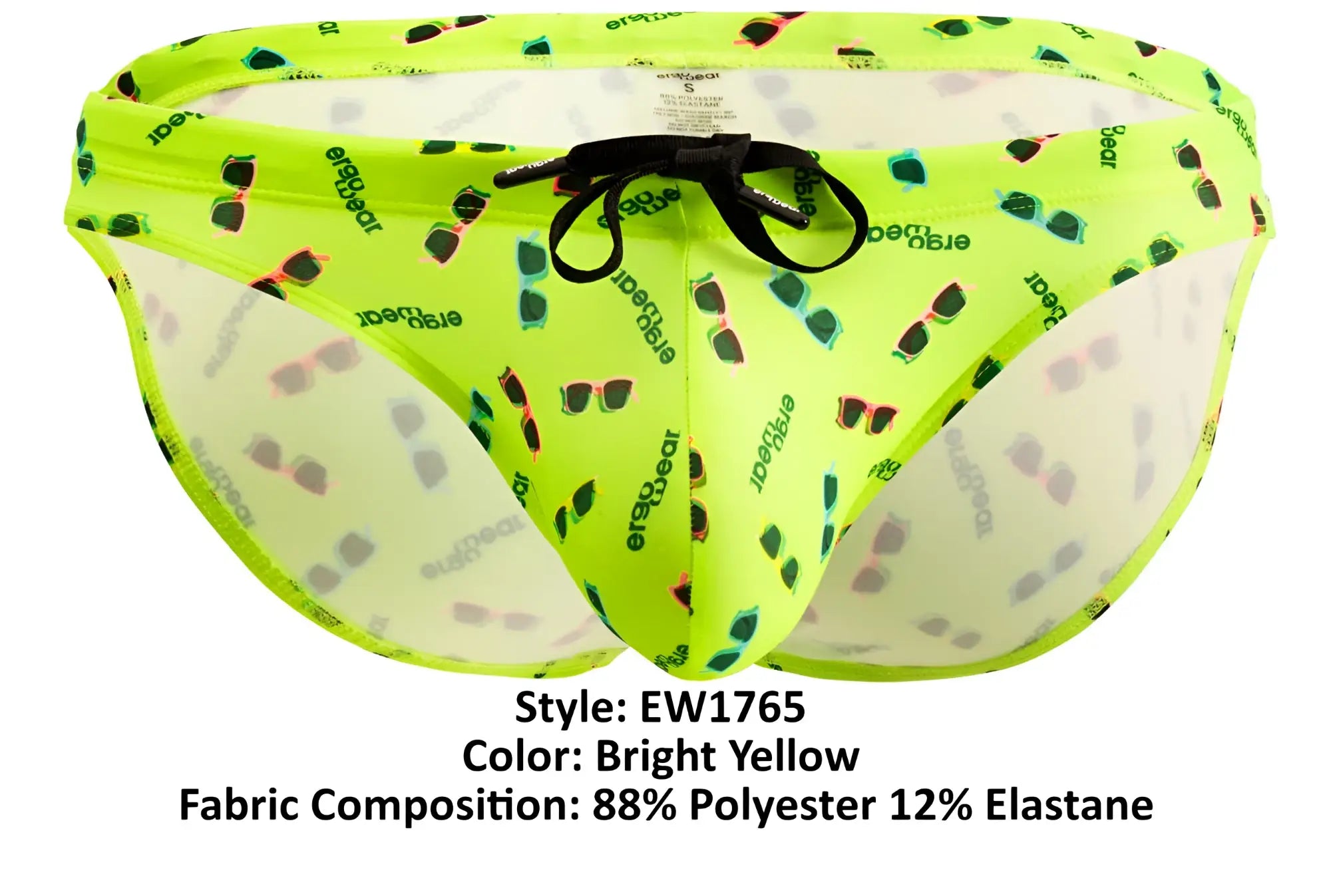Bright yellow ErgoWear EW1765 X4D swim briefs with playful sunglasses and ear pattern for comfortable swimming