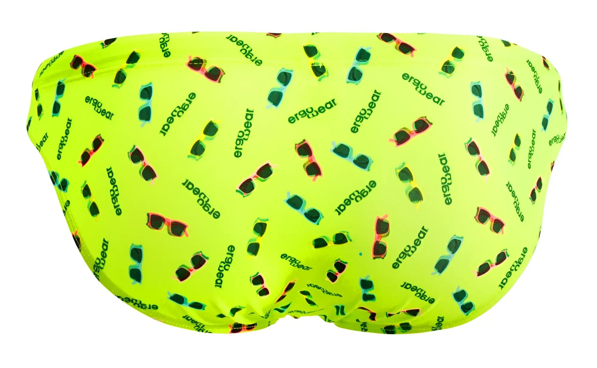 Vibrant neon green ergoWear ew1765 x4d swim briefs with colorful sunglasses pattern and ergobear branding