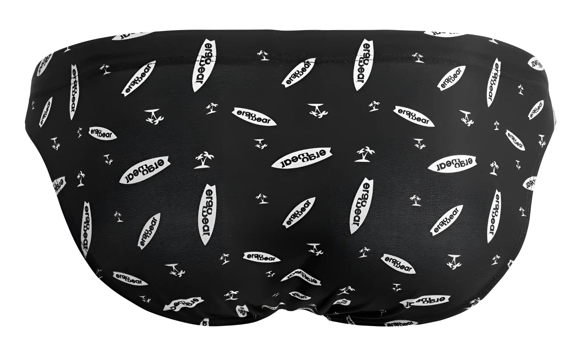 Black ergowear ew1766 x4d swim briefs featuring a repeating white eraygear logo and surfboard pattern