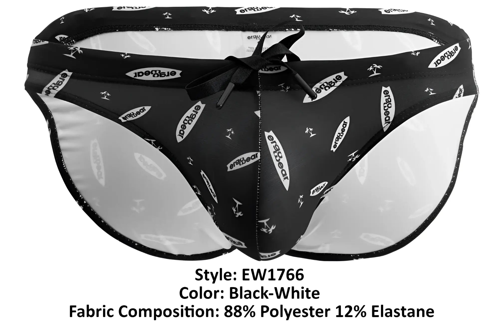ErgoWear EW1766 X4D SW swim briefs in black and white surfboard pattern with drawstring waistband