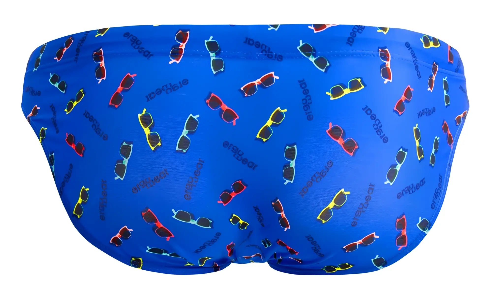 Bright blue ErgoWear EW1767 X4D swim briefs with colorful sunglasses pattern and earl brand name for swim use