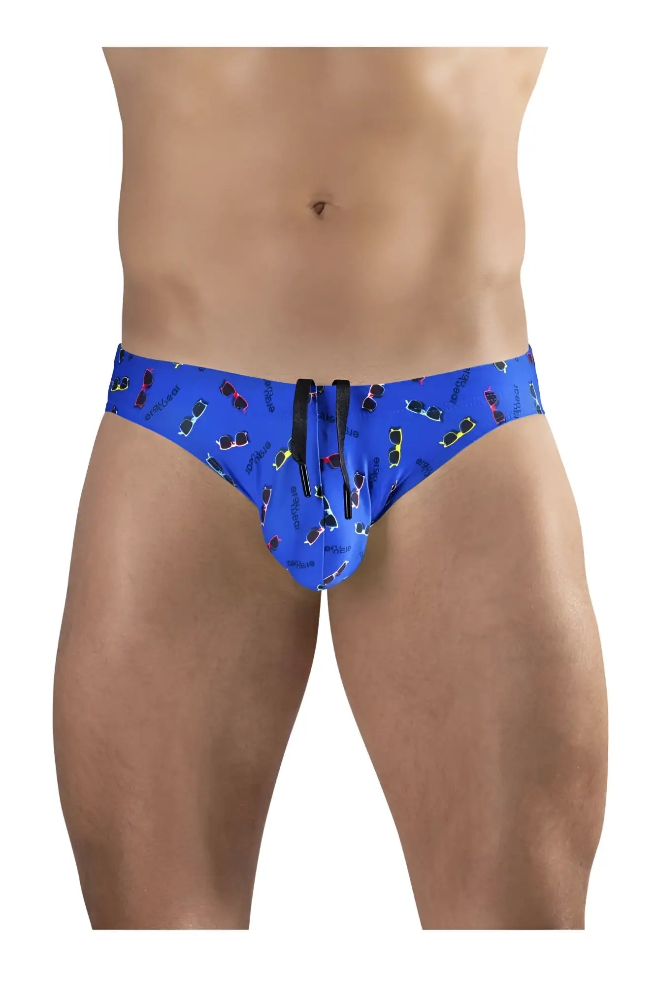Blue ergowear ew1767 x4d swim briefs with colorful sunglasses pattern and black drawstrings for secure closure