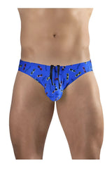 Blue ergowear ew1767 x4d swim briefs with colorful sunglasses pattern and black drawstrings for secure closure