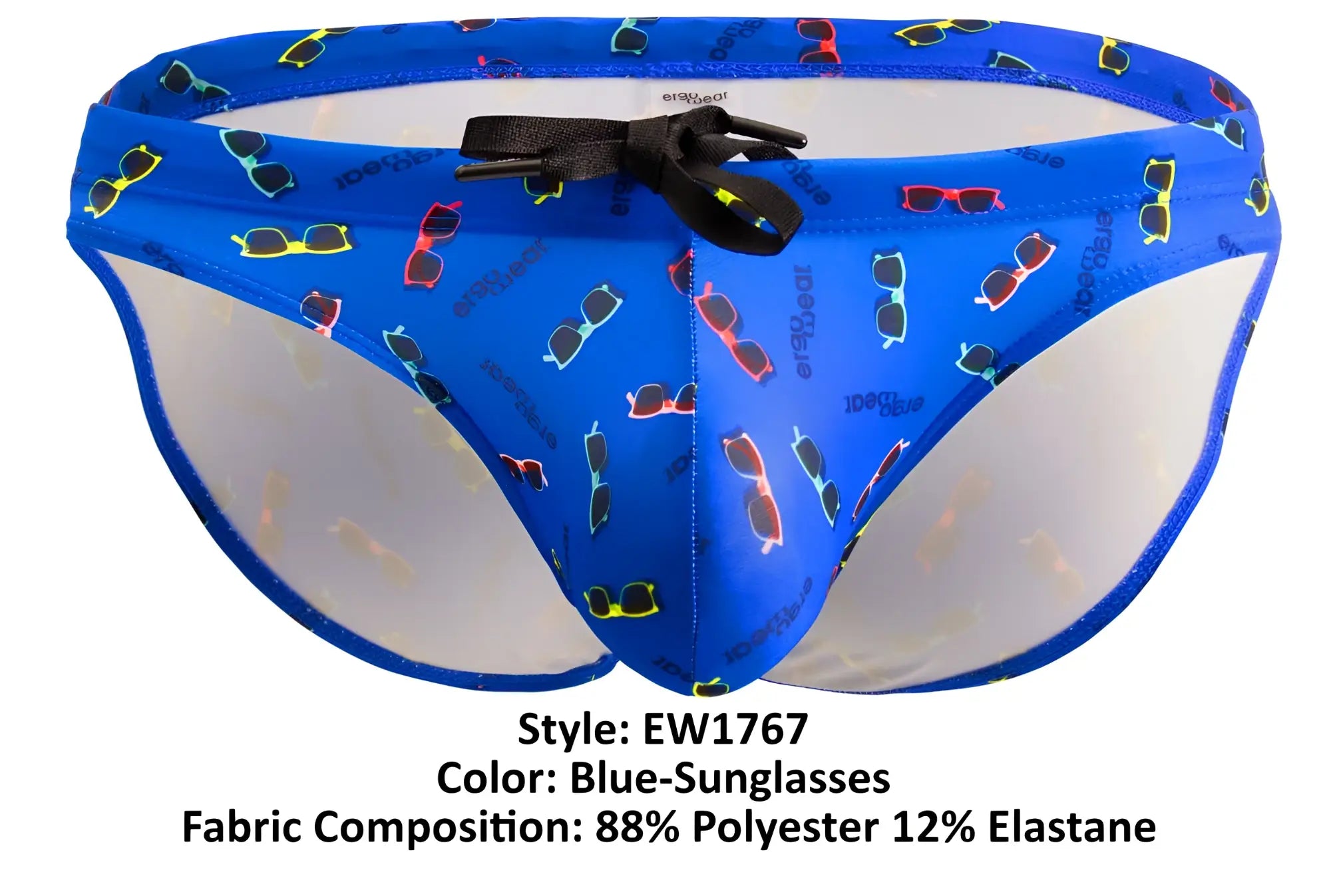 Blue ergoWear ew1767 x4d sw swim briefs with colorful sunglasses pattern made from 88% polyester 12% elastane