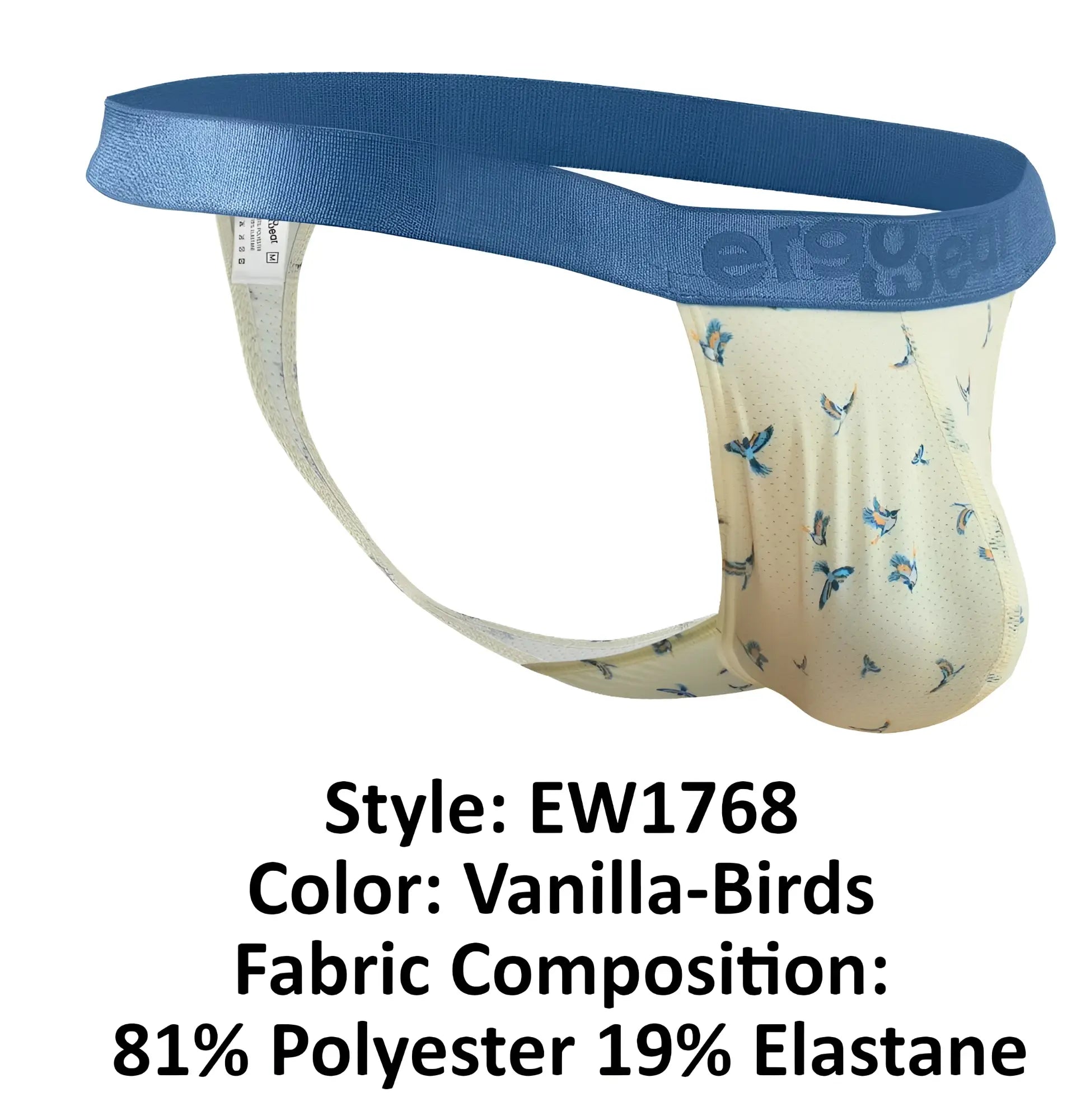 Vanillacolored ergo wear ew1768 slk se gstring briefs with subtle bird pattern blue waistband made of polyester elastane