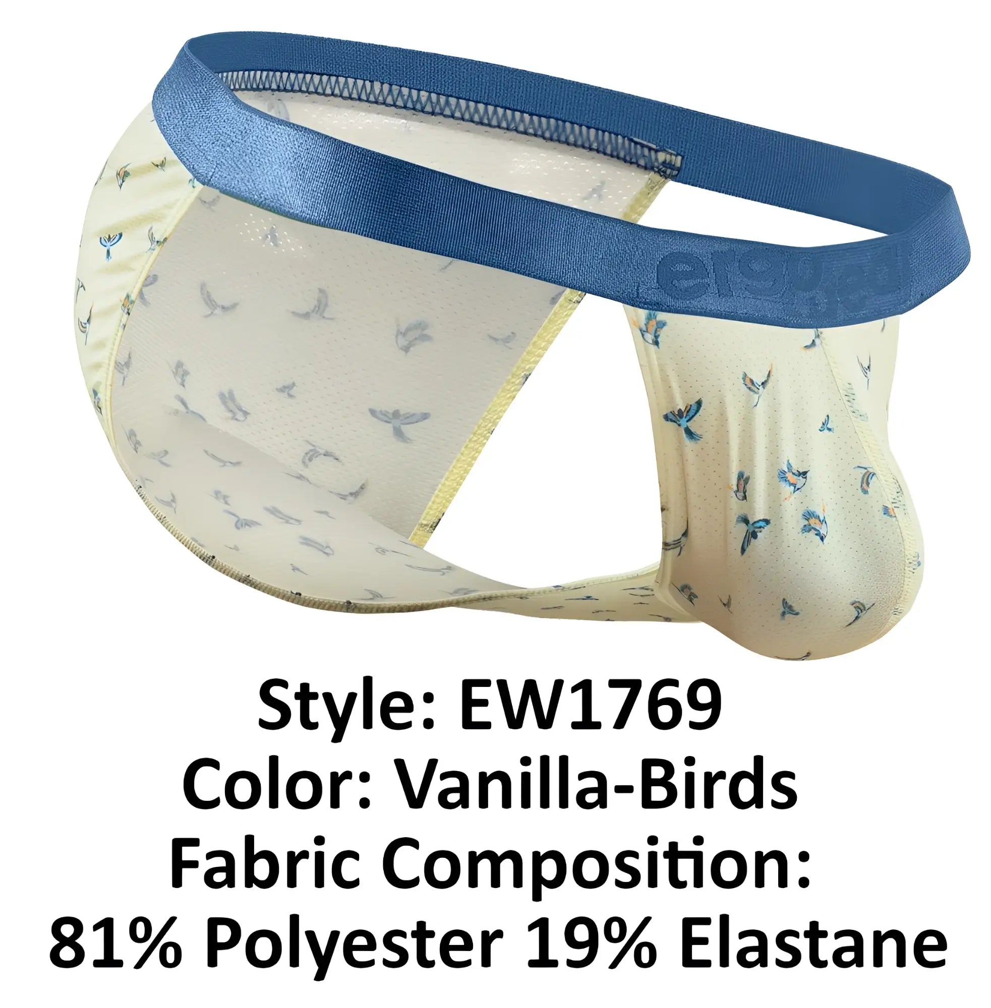Vanilla-colored ErgoWear EW1769 SLK SE bikini briefs with bird pattern and blue satin waistband made of polyester elastane