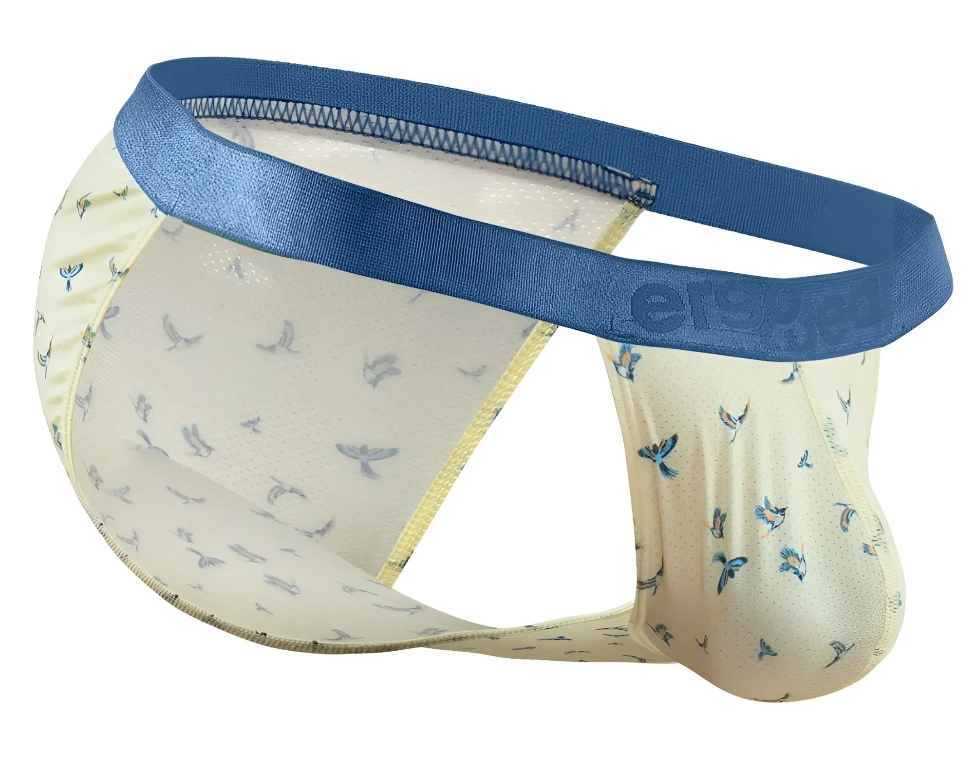 Cream-colored men’s briefs with blue bird pattern and navy waistband embossed with eroge logo from ergowear ew1769 slk se bikini