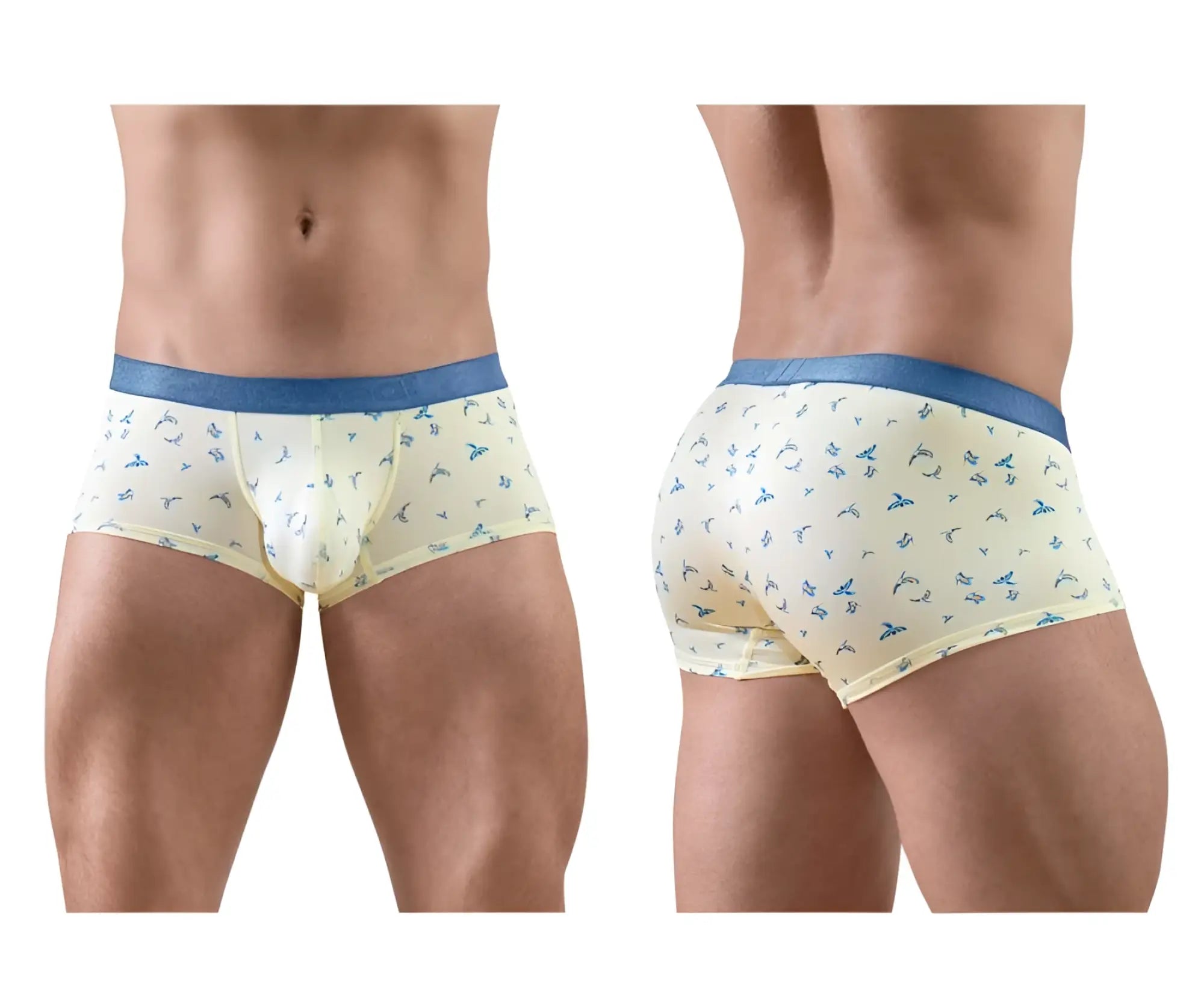 Ergowear ew1770 slk se trunks vanilla color with cream boxer briefs featuring a subtle blue bird pattern and blue waistband