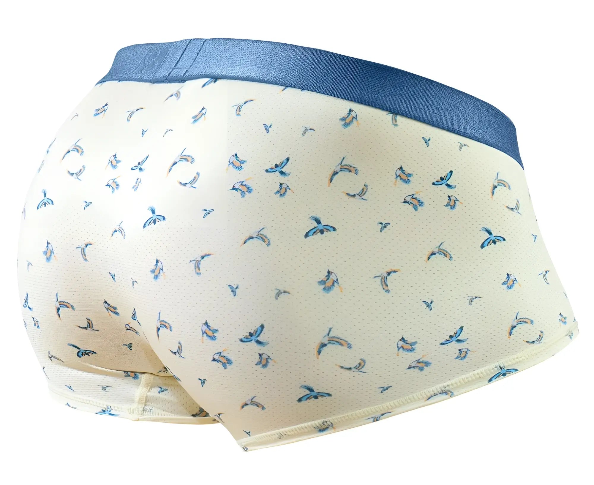 ErgoWear ew1770 slk se trunks vanilla with cream briefs featuring subtle blue birds and a solid navy waistband