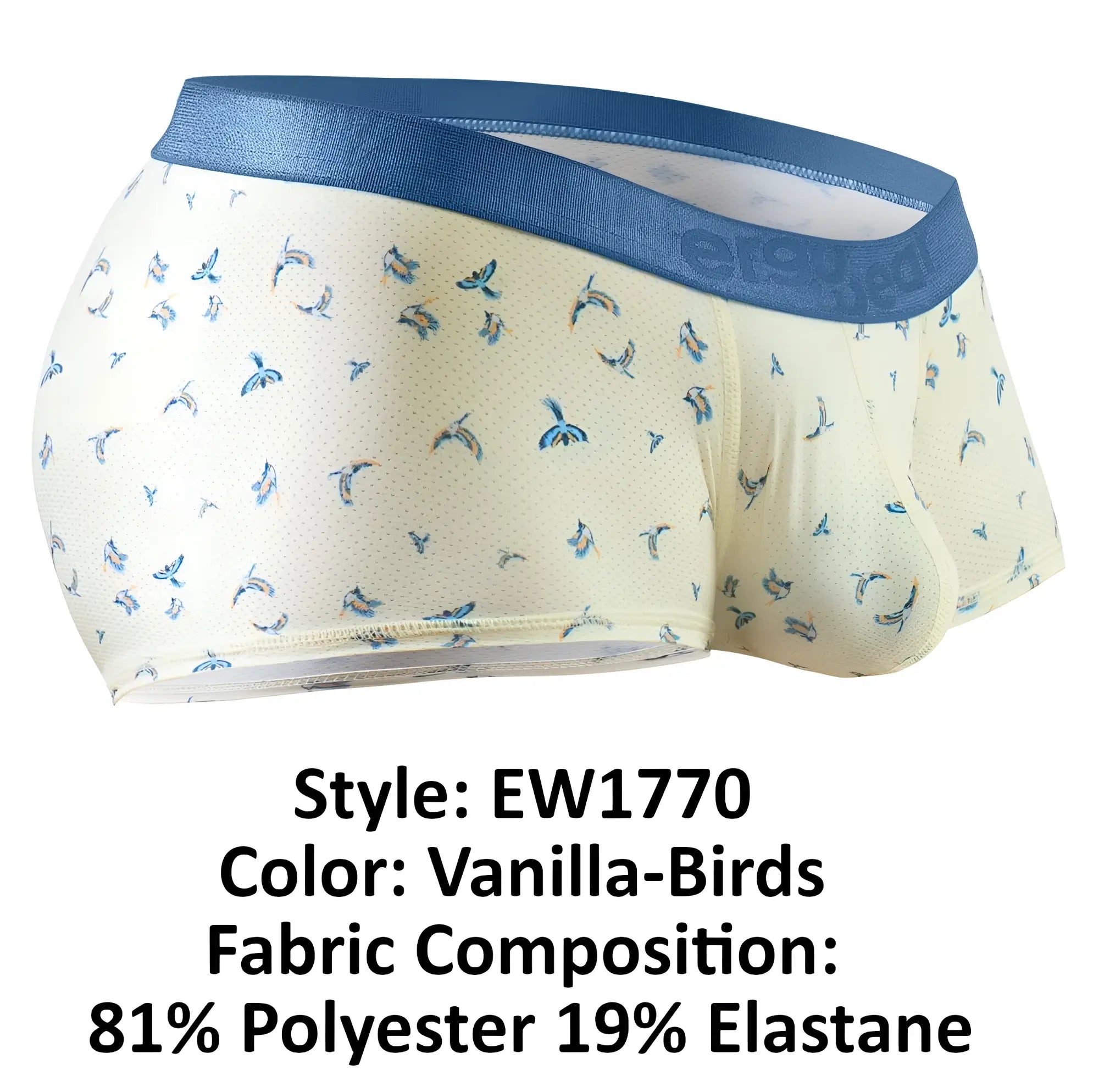 Ergowear ew1770 slk se trunks in cream with blue bird pattern and navy elastic waistband for comfortable support