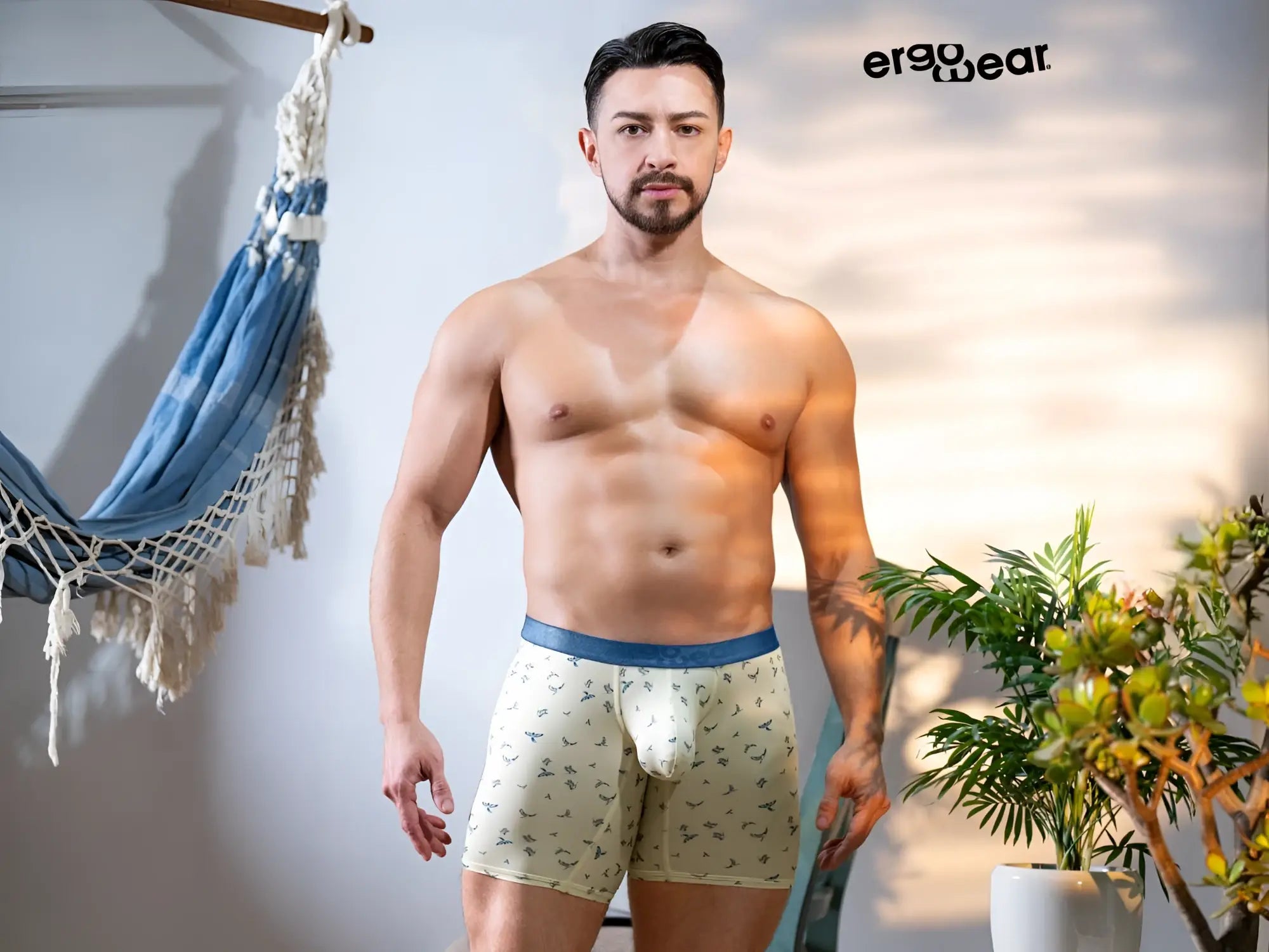 Beige ergowear ew1771 slk se boxer briefs with subtle bird pattern and solid blue waistband in vanilla color