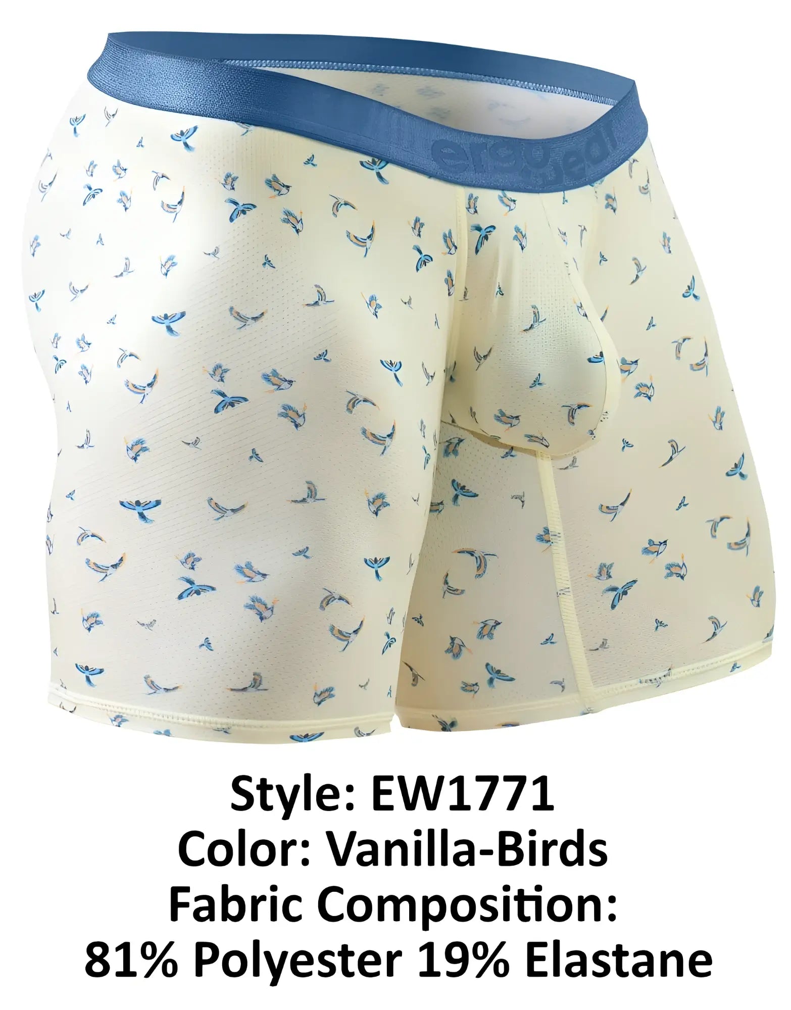 Cream-colored boxer briefs with subtle blue bird pattern and solid blue waistband from ErgoWear EW1771 SLK SE collection