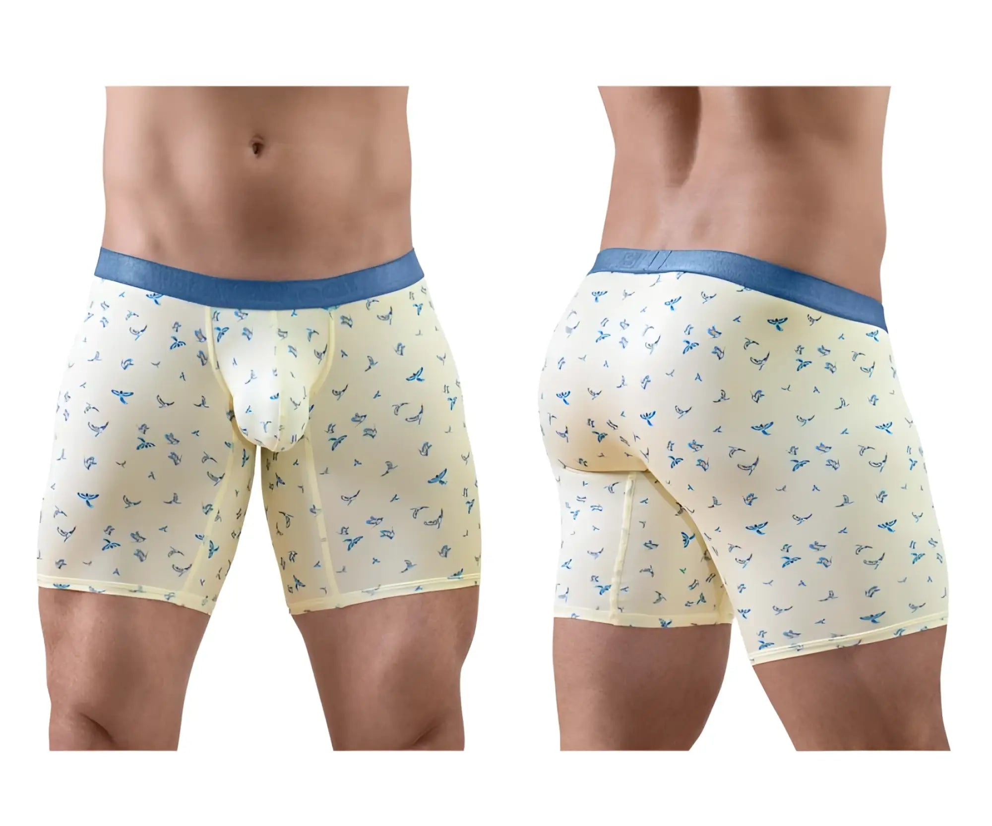 ErgoWear ew1771 slk se cream boxer briefs with blue bird pattern and solid blue waistband in vanilla color