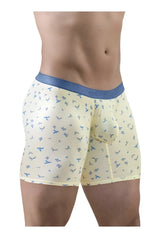 Cream-colored ErgoWear EW1771 SLK SE boxer briefs with blue bird pattern and solid blue waistband in vanilla-birds color