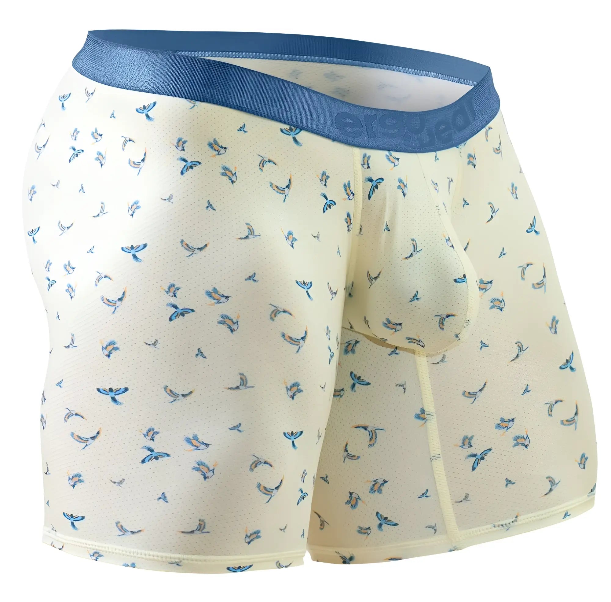 Cream-colored ergo wear ew1771 slk se boxer briefs with blue bird pattern and navy elastic waistband in vanilla color