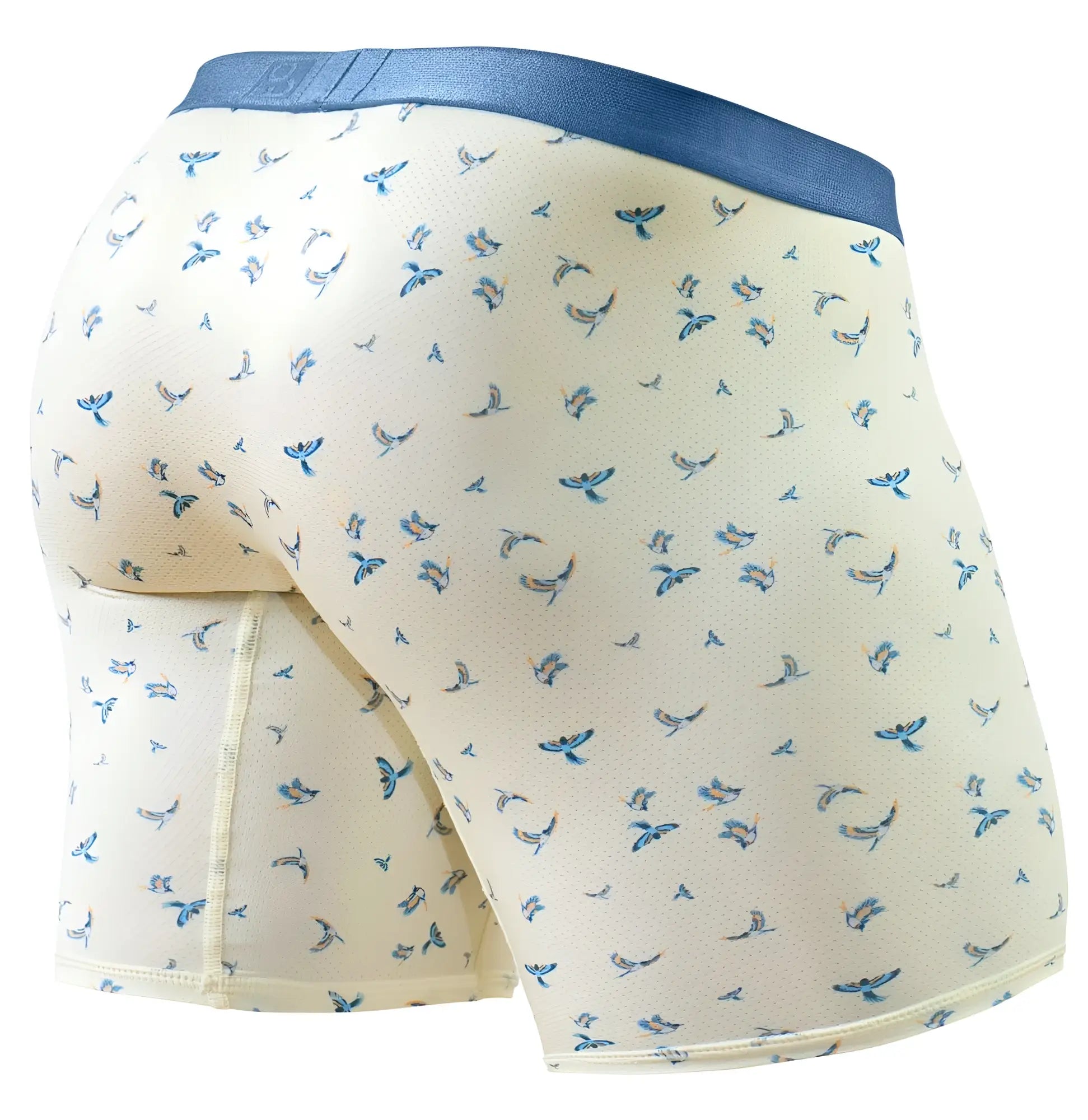 Cream-colored ergoWear EW1771 SLK SE boxer briefs with a subtle blue bird pattern and solid navy waistband