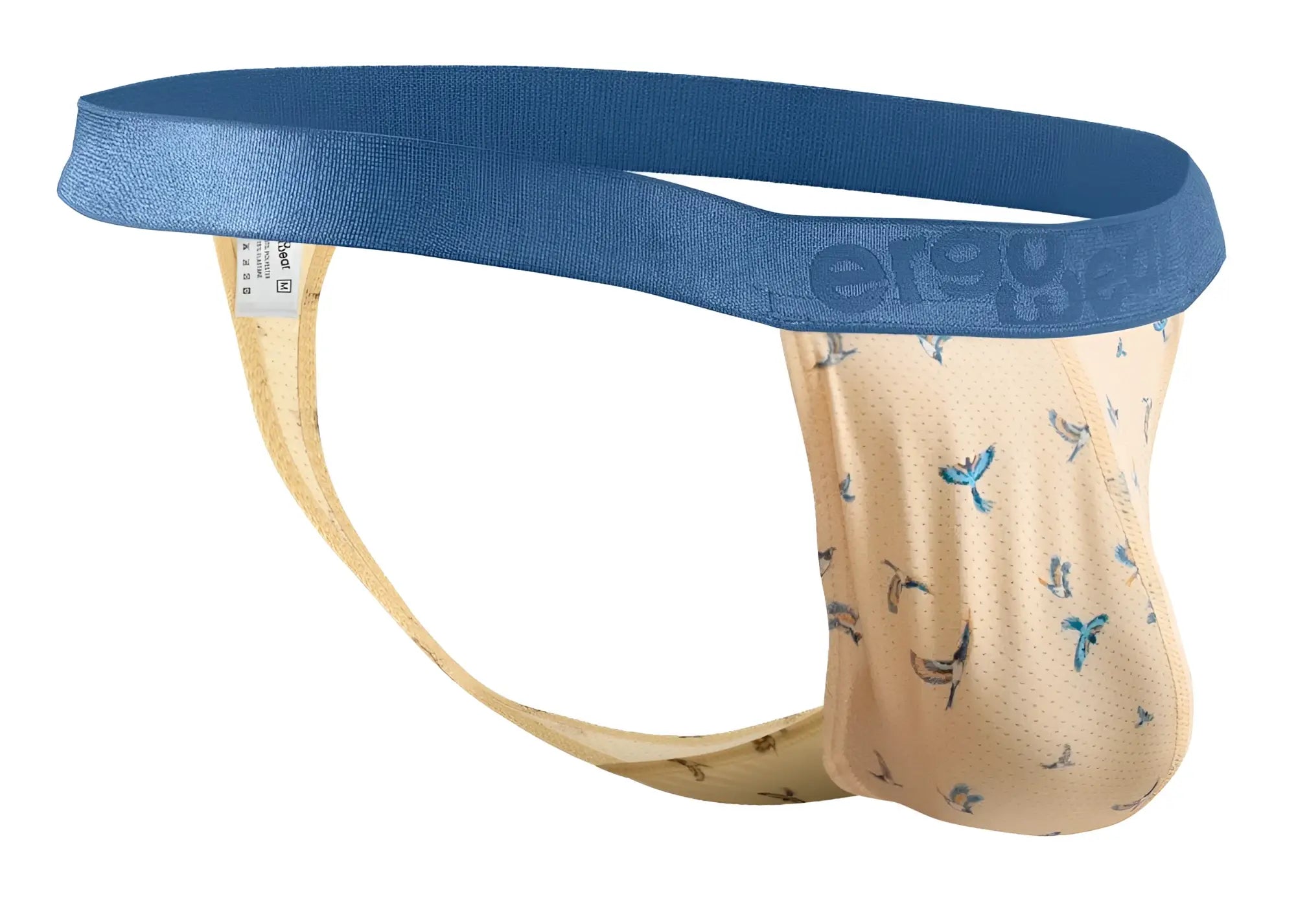 Beige and blue patterned mens jockstrap with textured fabric and small bird motifs by ergowear color peach-birds