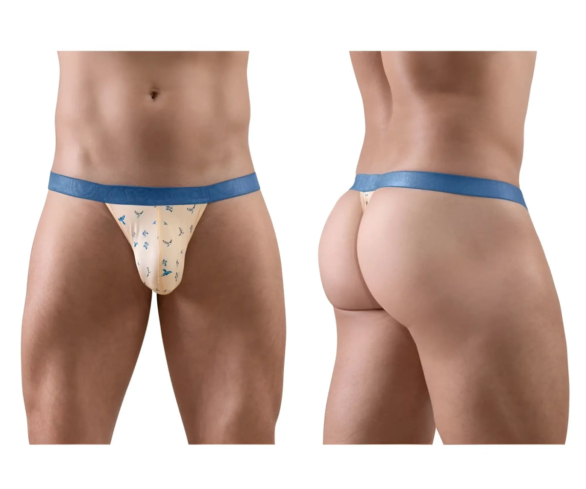 Beige ergo wear ew1772 slk se g-string with blue trim smooth elastic waistband and subtle bird pattern front view