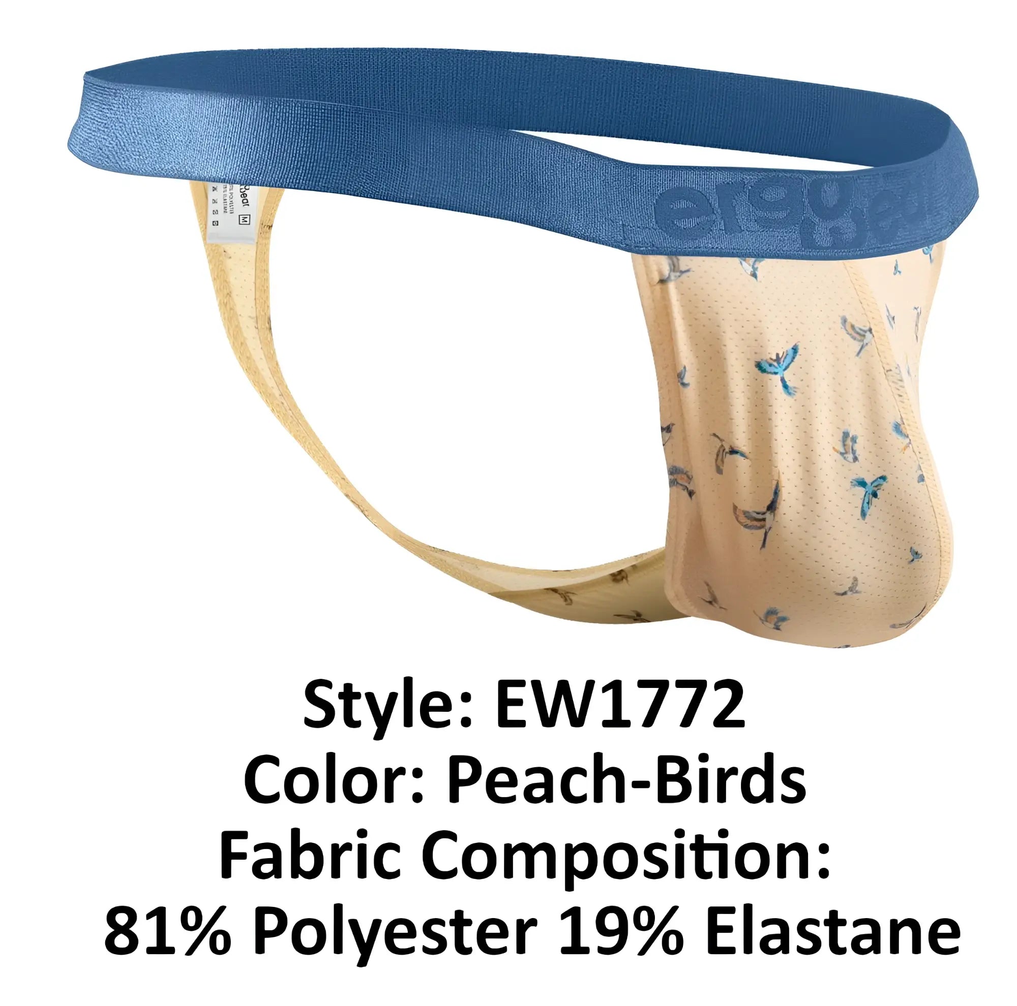 Peach-colored men’s g-string briefs by ergowear with blue elastic waistband and small bird pattern front view