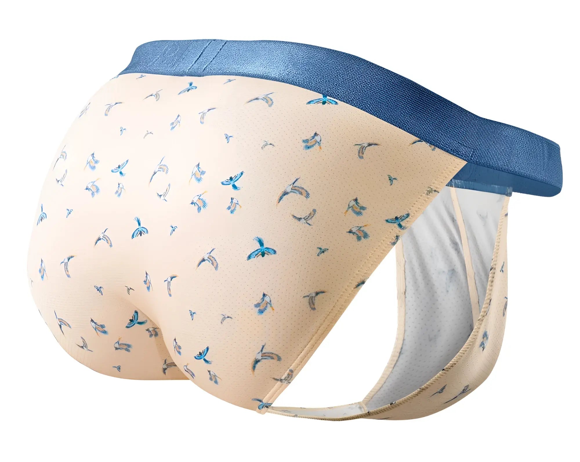 Beige Ergowear EW1773 SLK SE bikini briefs with blue bird pattern and solid navy waistband in peach color