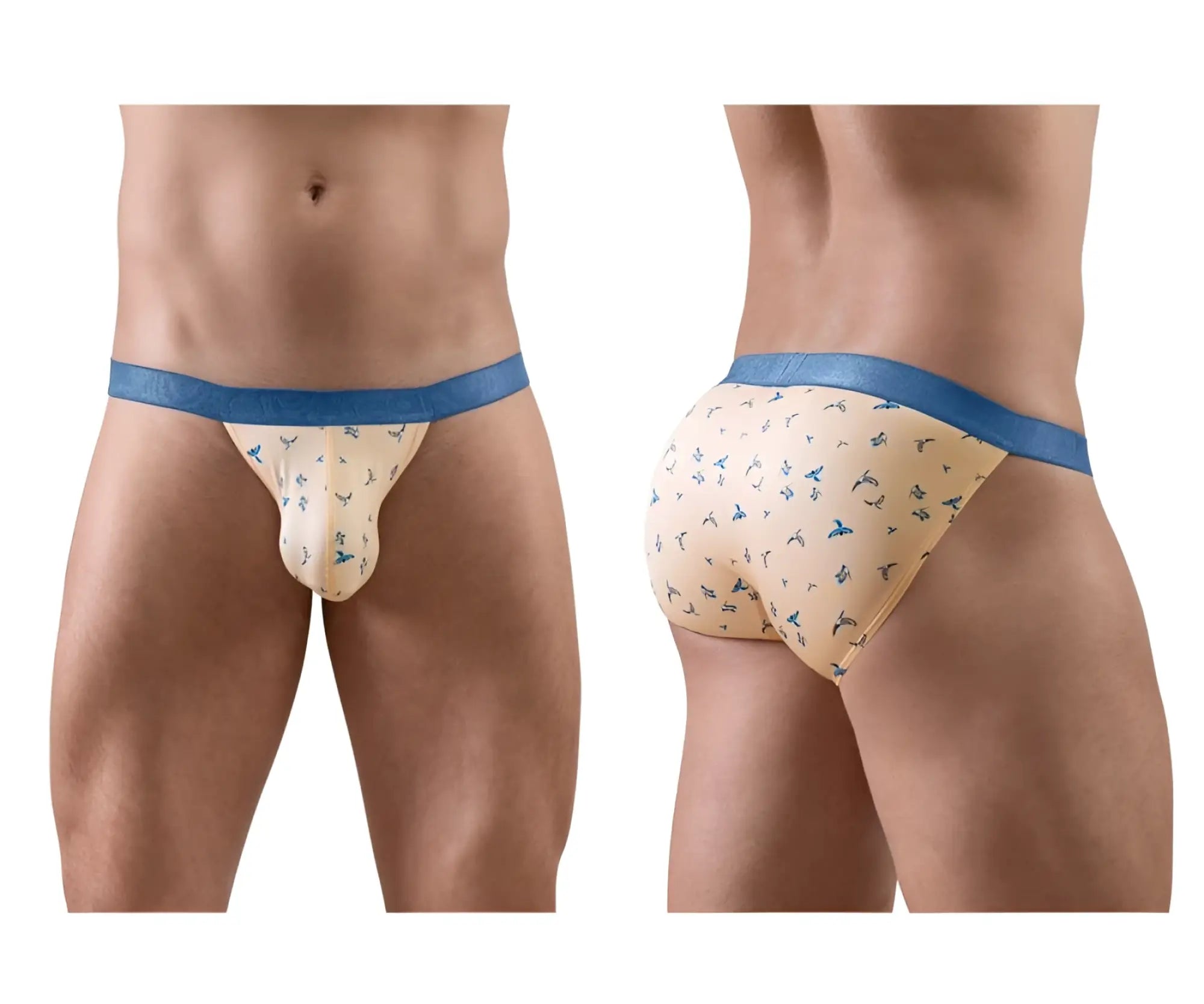 Beige and blue patterned men’s briefs with subtle bird design in ergoWear ew1773 slk se bikini peach-birds color