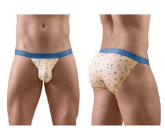 Beige and blue patterned men’s briefs with subtle bird design in ergoWear ew1773 slk se bikini peach-birds color