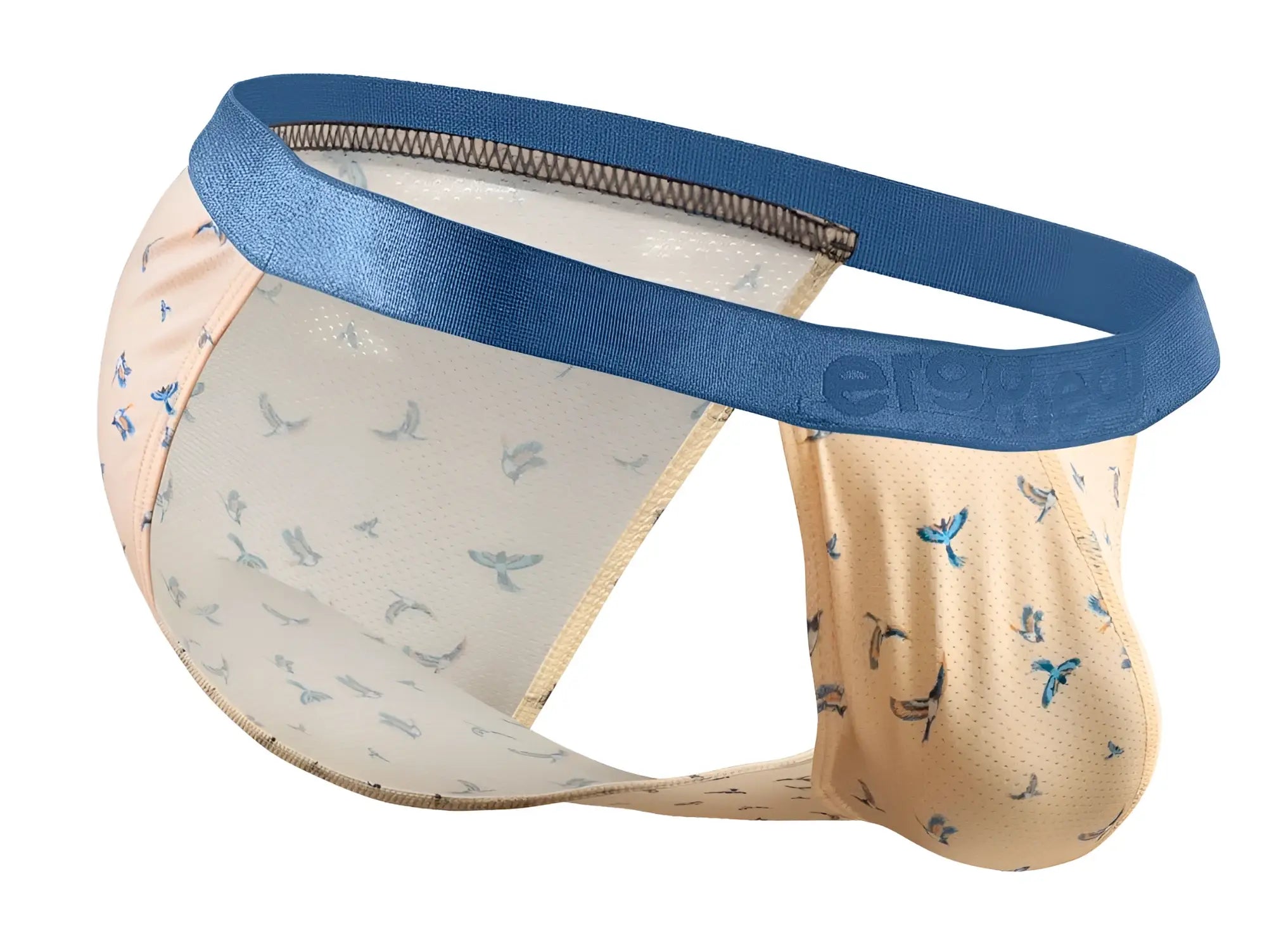 Beige and blue patterned men’s briefs with satin waistband in ergoWear ew1773 slk se bikini color peach-birds