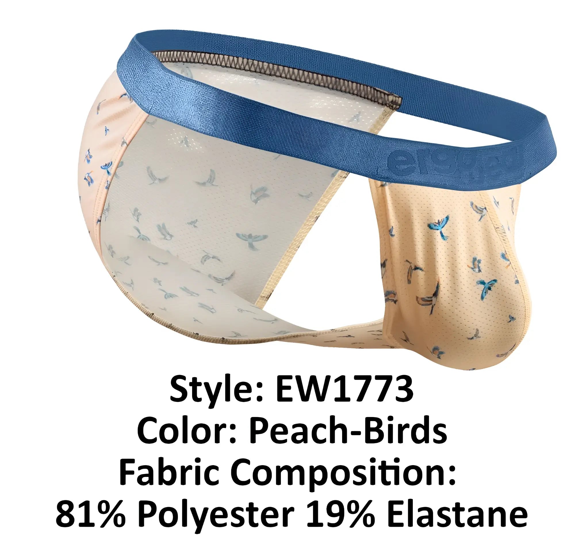 Peach-colored men’s briefs ergoWear EW1773 SLK SE bikini with subtle bird pattern and blue satin waistband