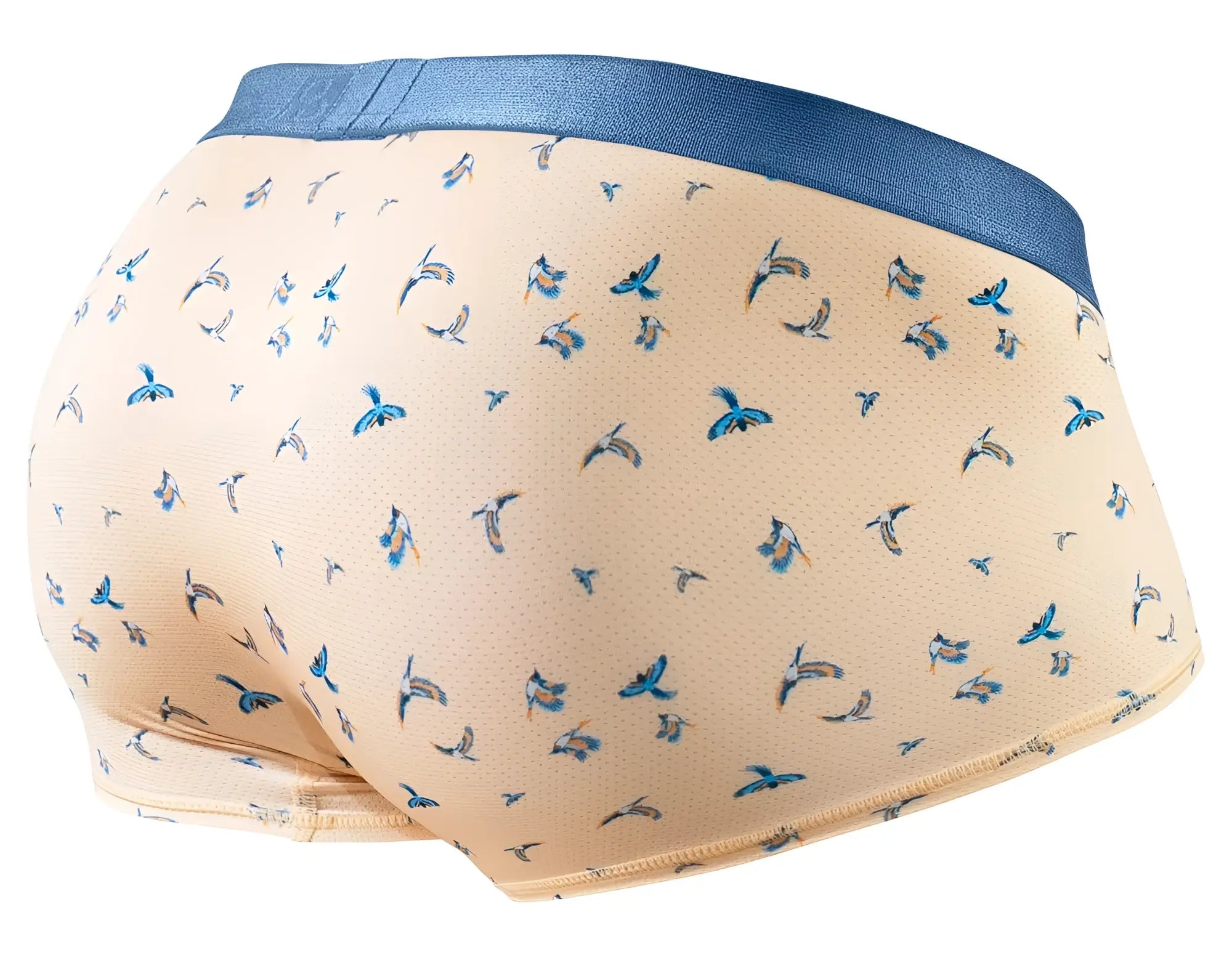ErgoWear ew1774 slk se beige briefs with blue bird pattern and solid navy waistband in peach-birds color