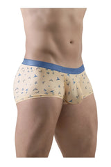 Beige ergo wear ew1774 slk se trunks with blue elastic waistband and small bird patterns in peach color