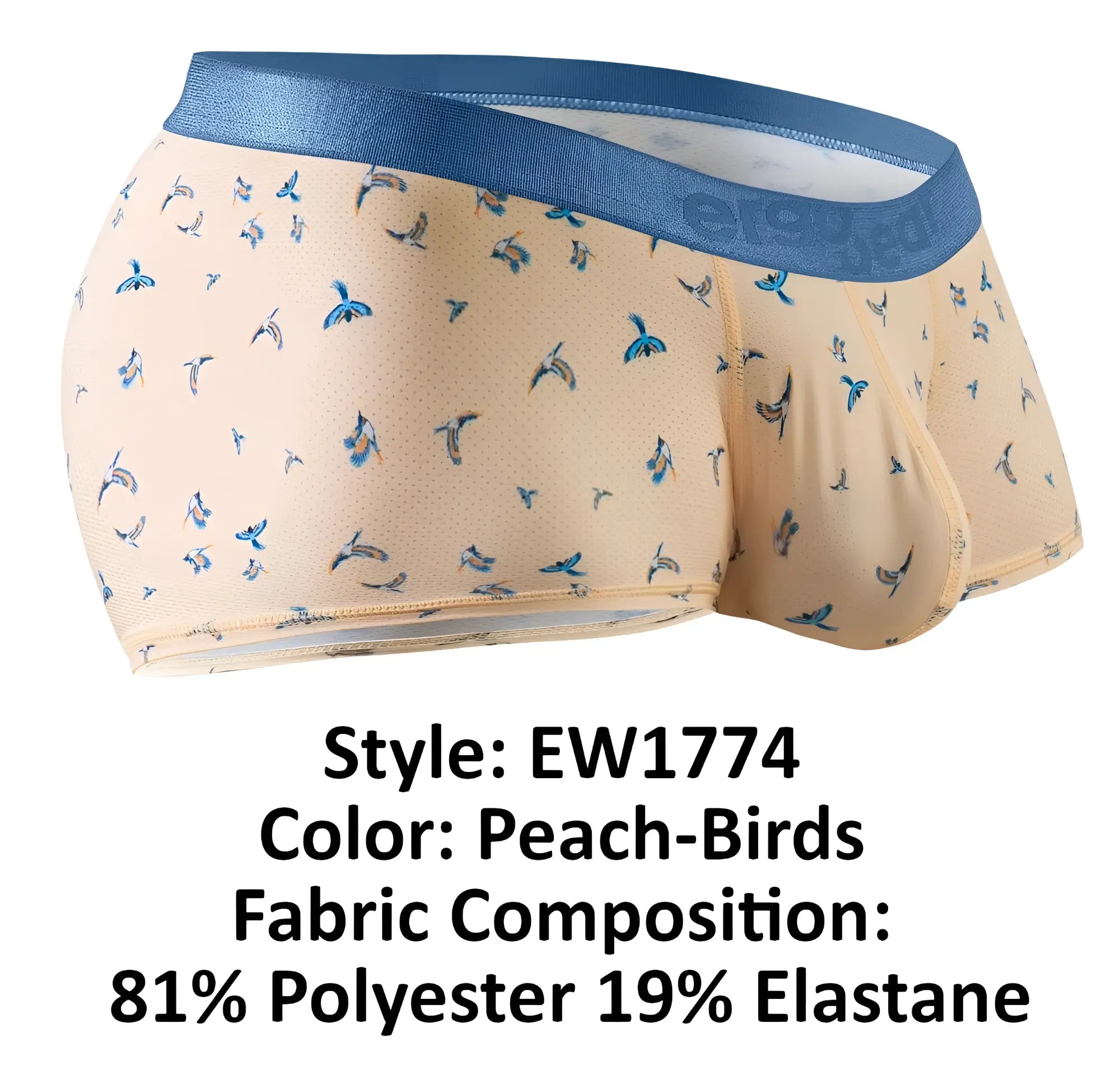 Peach-colored ergoWear ew1774 slk se trunks with blue bird pattern and solid blue waistband for comfortable wear