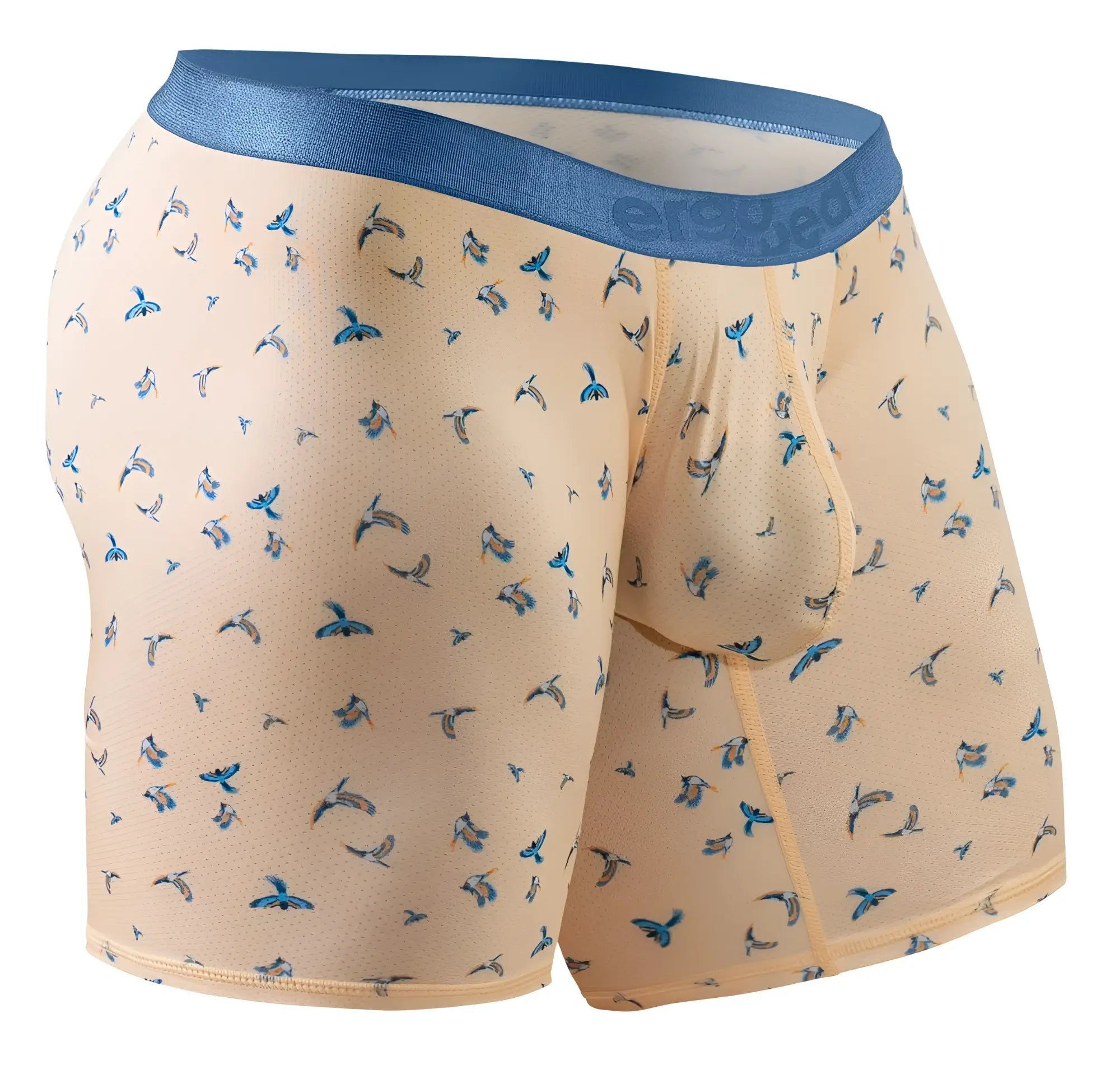 Beige ergoWear ew1775 slk se boxer briefs with blue bird pattern and solid blue waistband in peach color