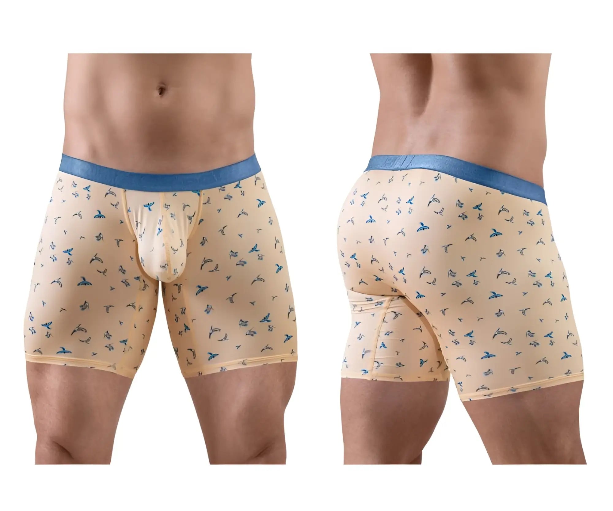 Beige ergo wear ew1775 slk se boxer briefs with blue elastic waistband and subtle blue bird pattern in peach color