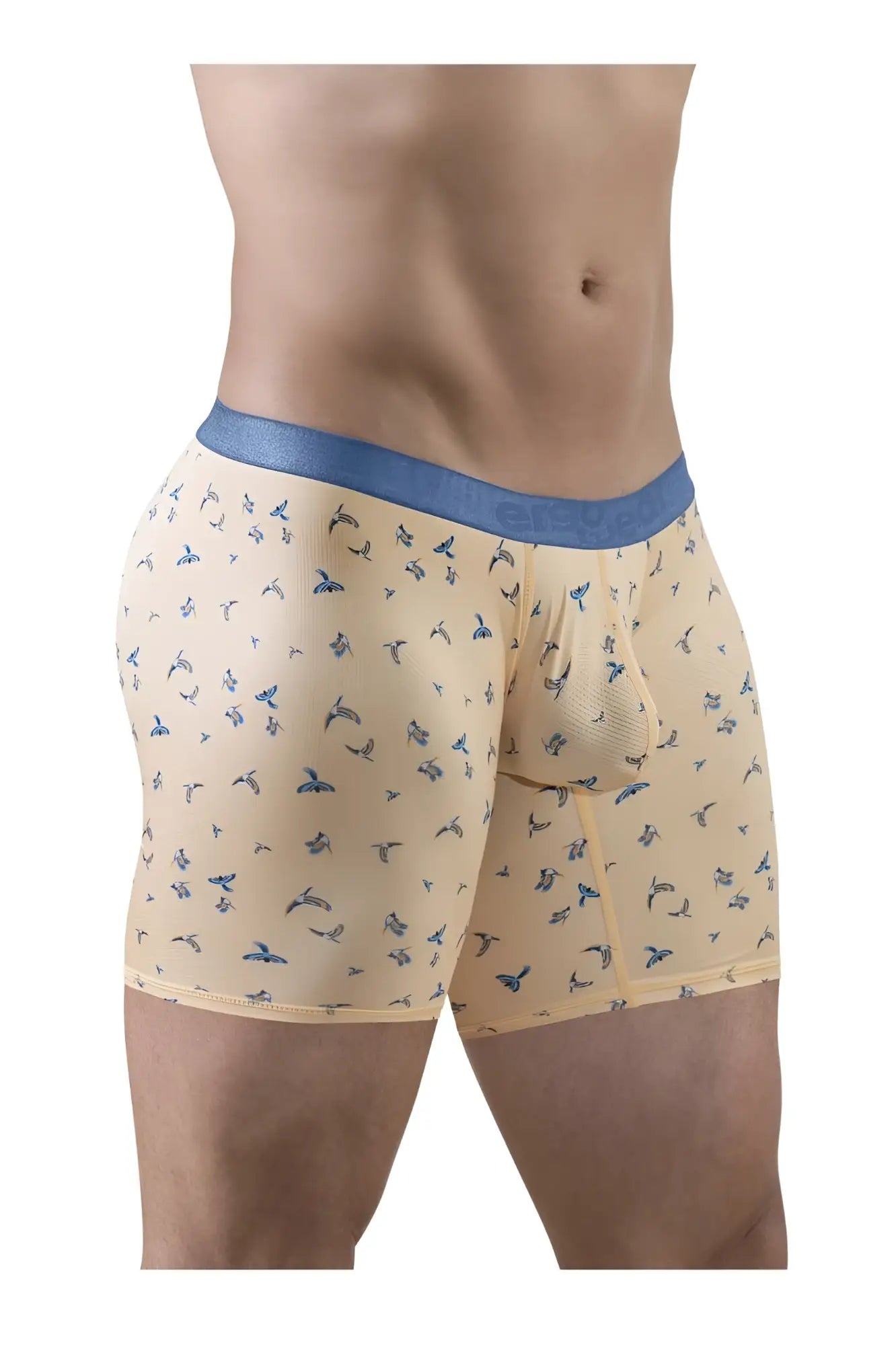 ErgoWear EW1775 SLK SE boxer briefs in peach with blue elastic waistband and small stylized blue birds pattern