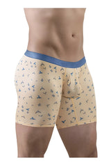 ErgoWear EW1775 SLK SE boxer briefs in peach with blue elastic waistband and small stylized blue birds pattern