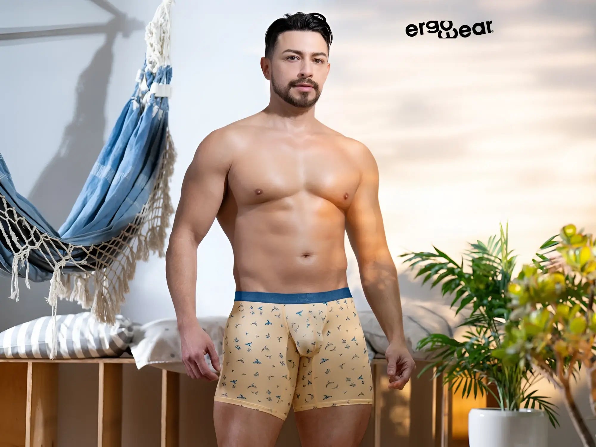 Beige ergoWear ew1775 slk se boxer briefs with a subtle blue and green pattern and solid navy waistband