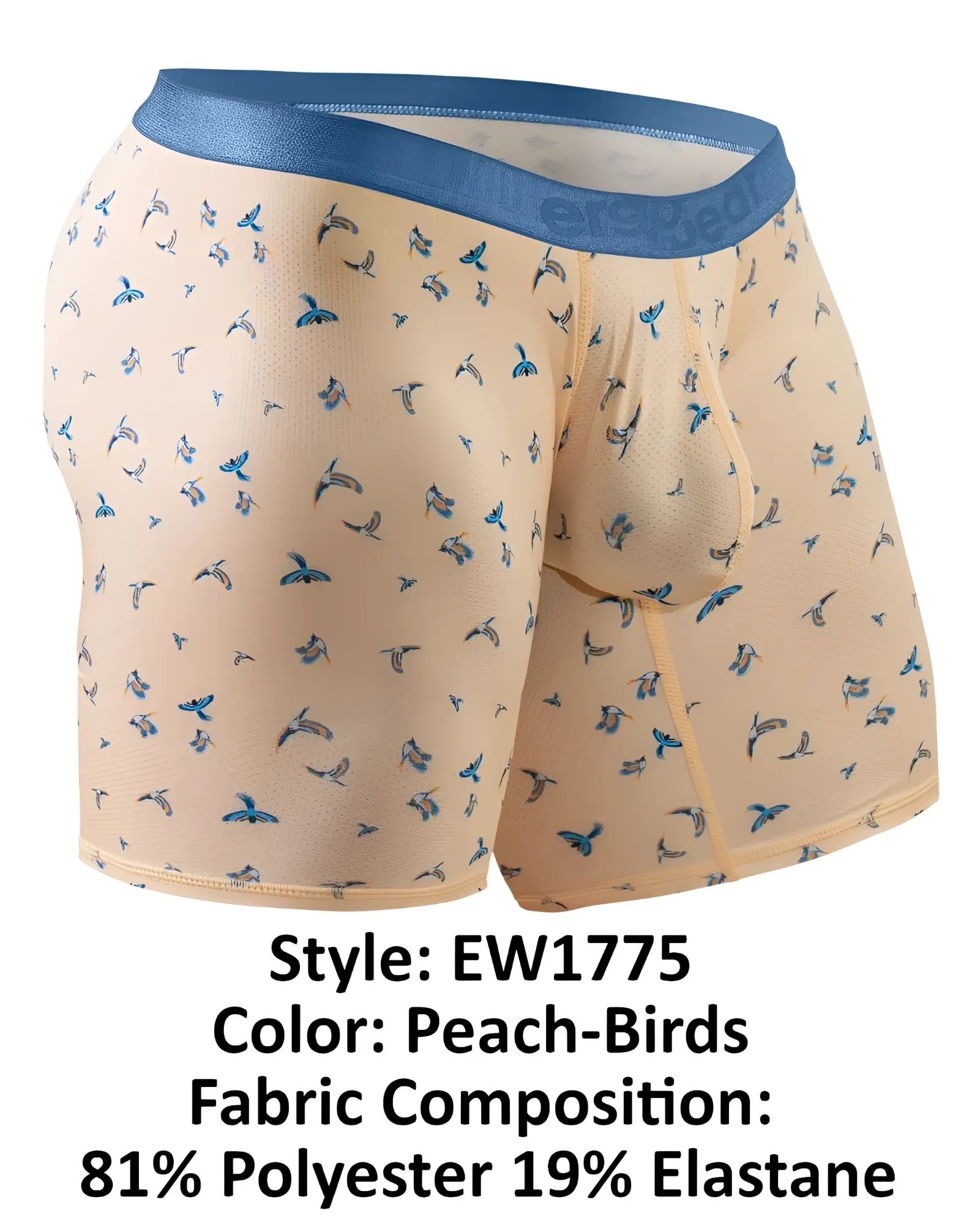 Peach-colored ErgoWear EW1775 SLK SE boxer briefs with blue bird pattern and matching blue elastic waistband