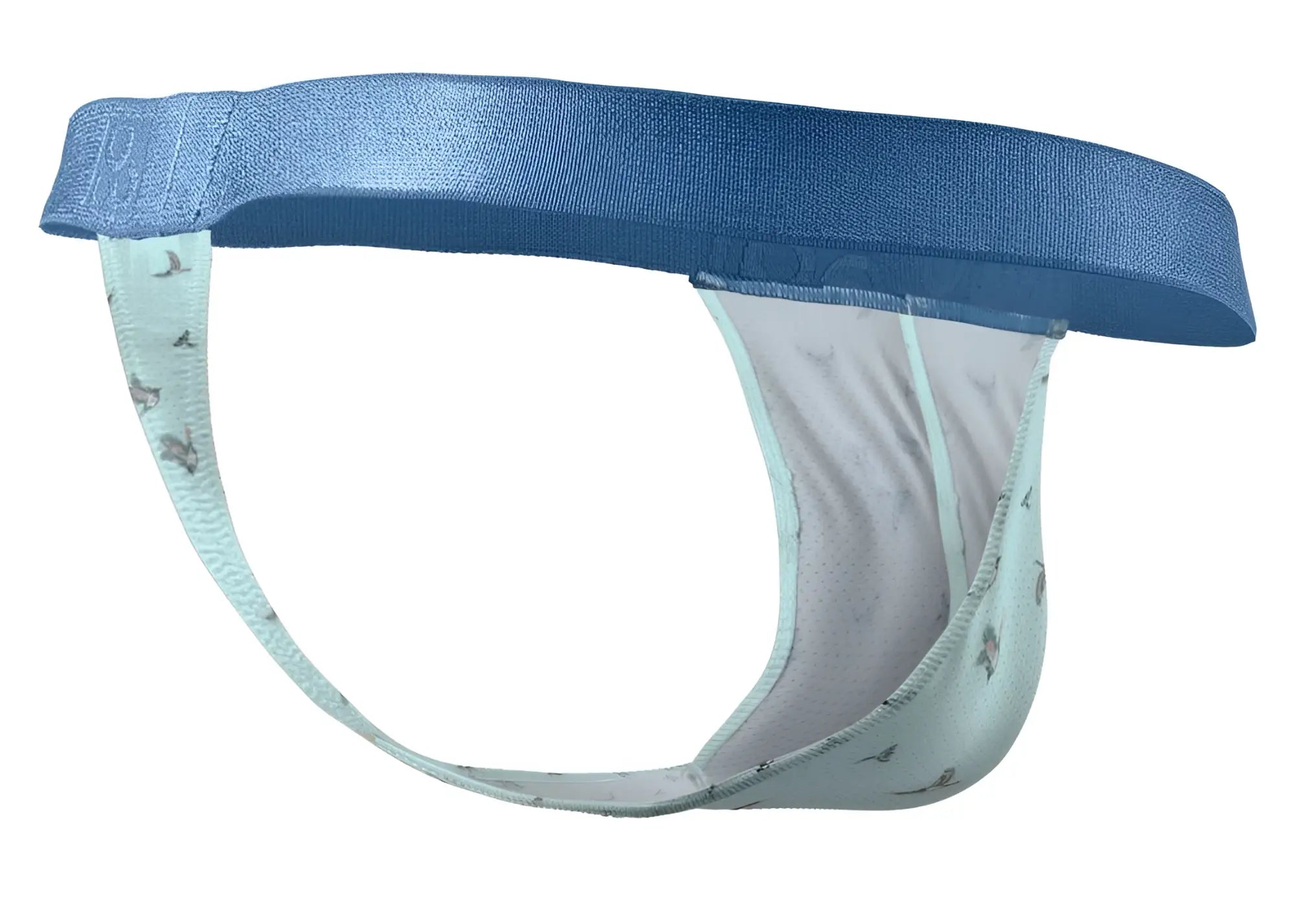 Light blue and white patterned men’s jockstrap with solid navy waistband ergoWear ew1776 slk se g-string frost birds