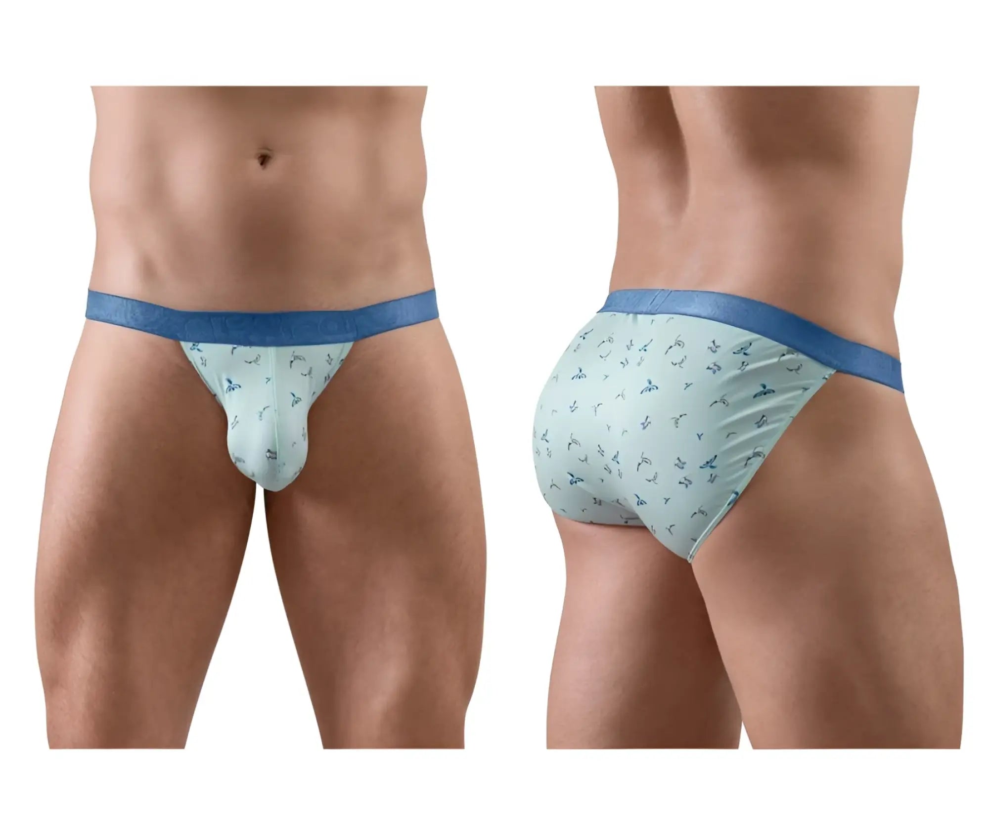 Light blue patterned briefs with a solid navy waistband from ergowear ew1777 slk se bikini color frost-birds collection