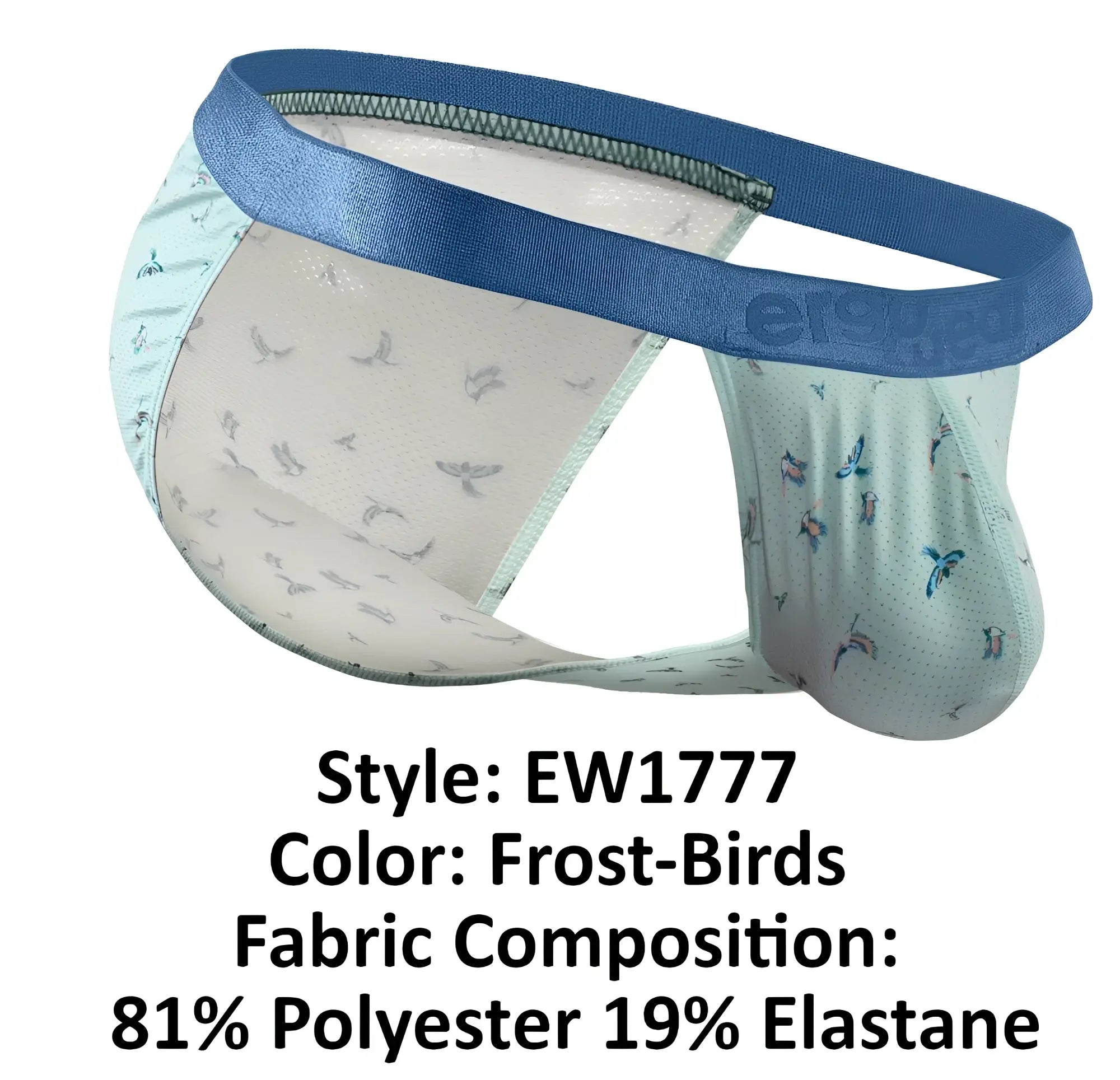 Light blue and white patterned men’s briefs with satin-like waistband featuring small bird motifs by ergowear