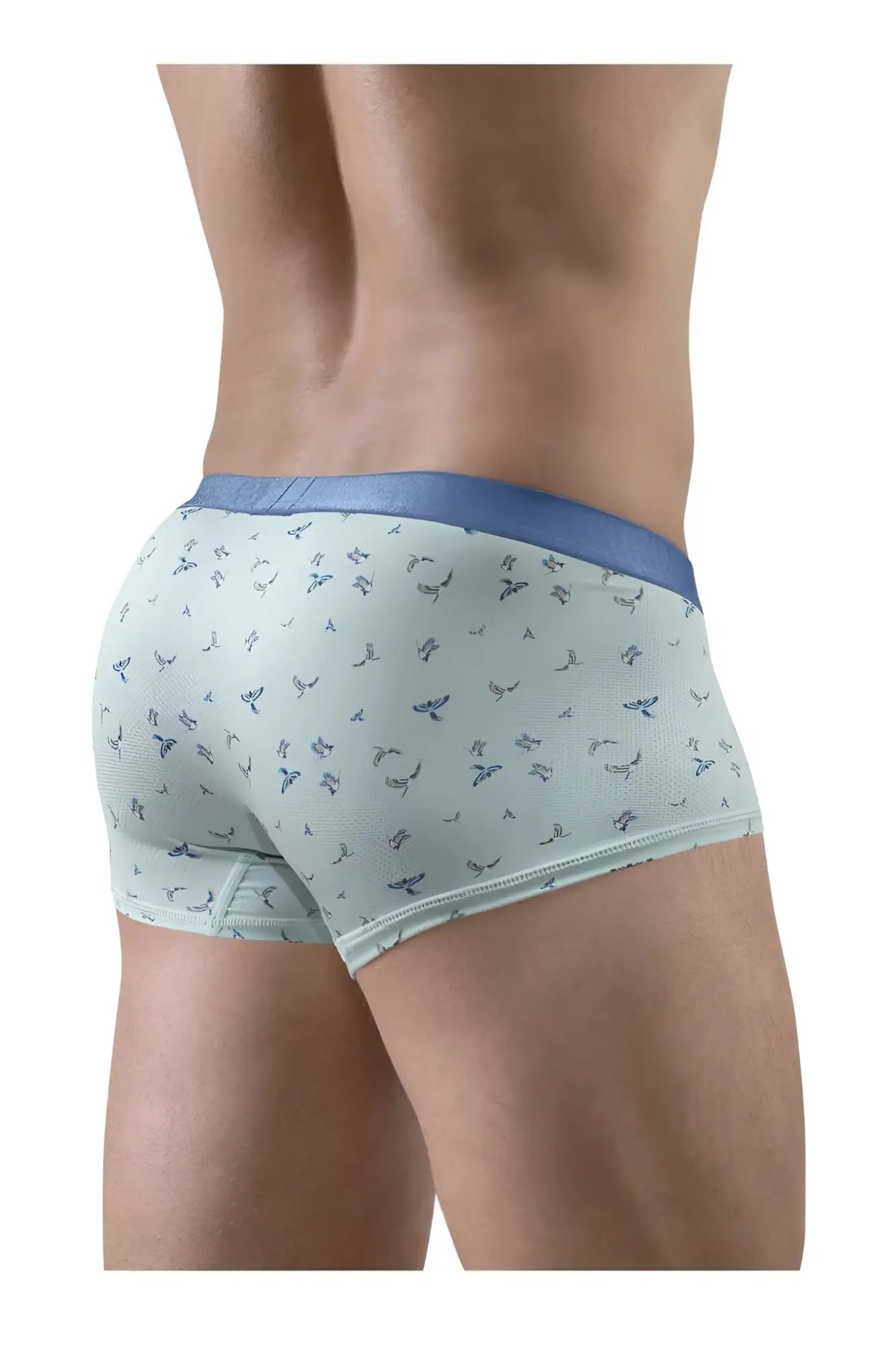 Light blue ergo wear ew1778 slk se boxer briefs with dark blue bird pattern and solid navy waistband