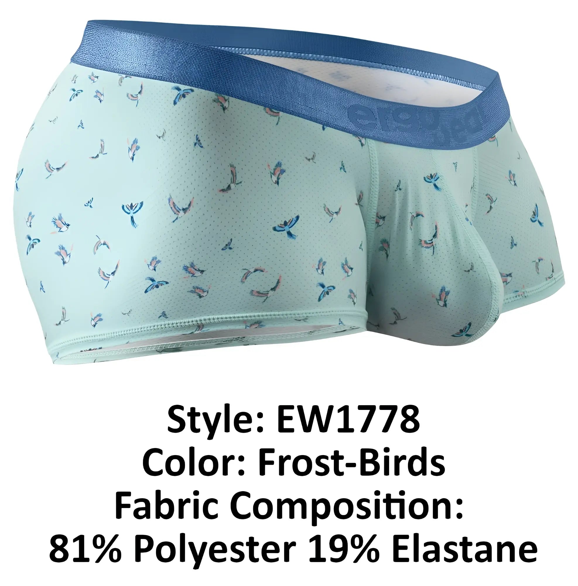 Light blue ergoWear ew1778 slk se men’s briefs with subtle bird pattern and matching elastic waistband in frost color