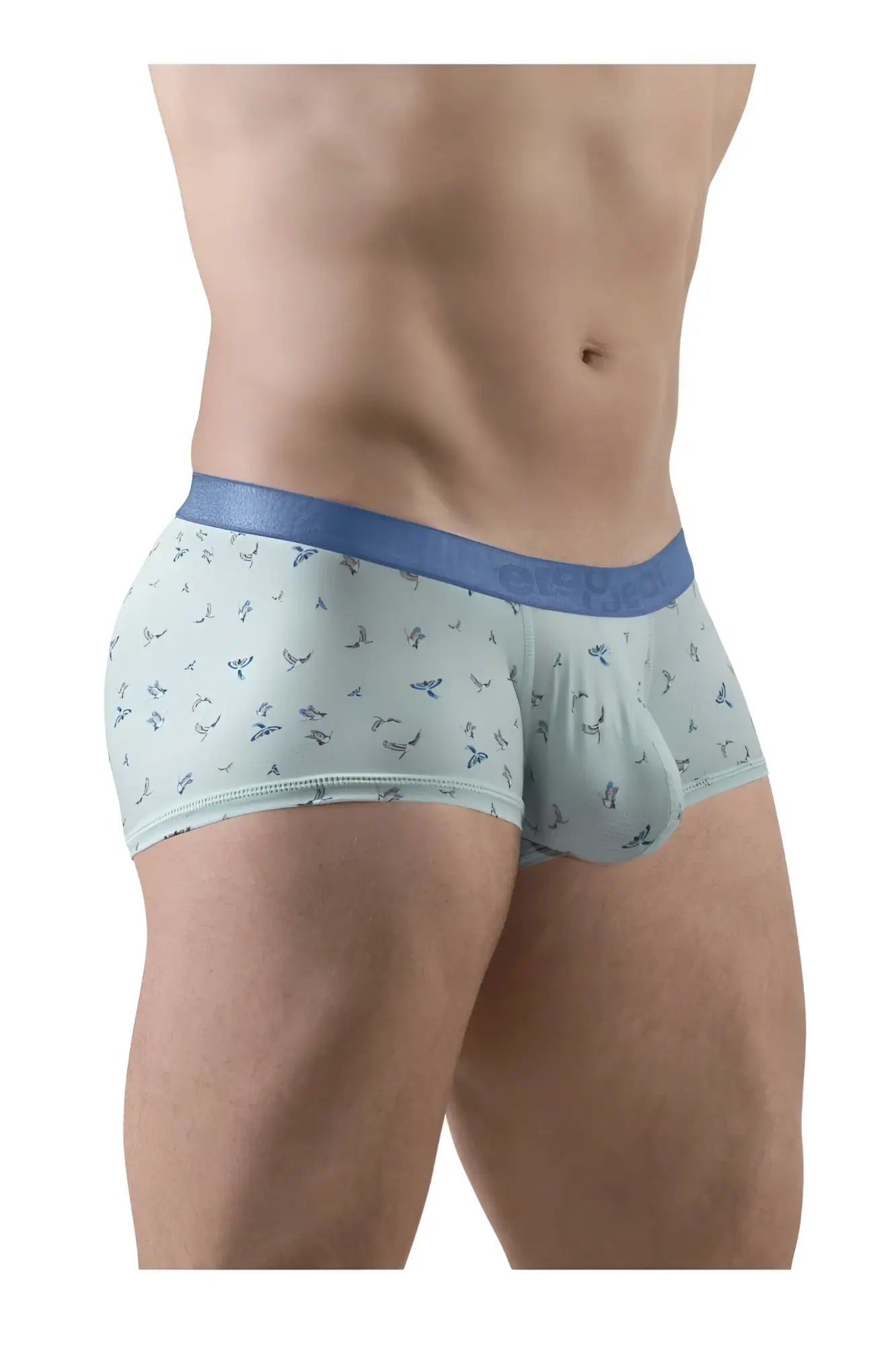 Light blue ErgoWear EW1778 SLK SE trunks with dark blue whale pattern and solid blue elastic waistband