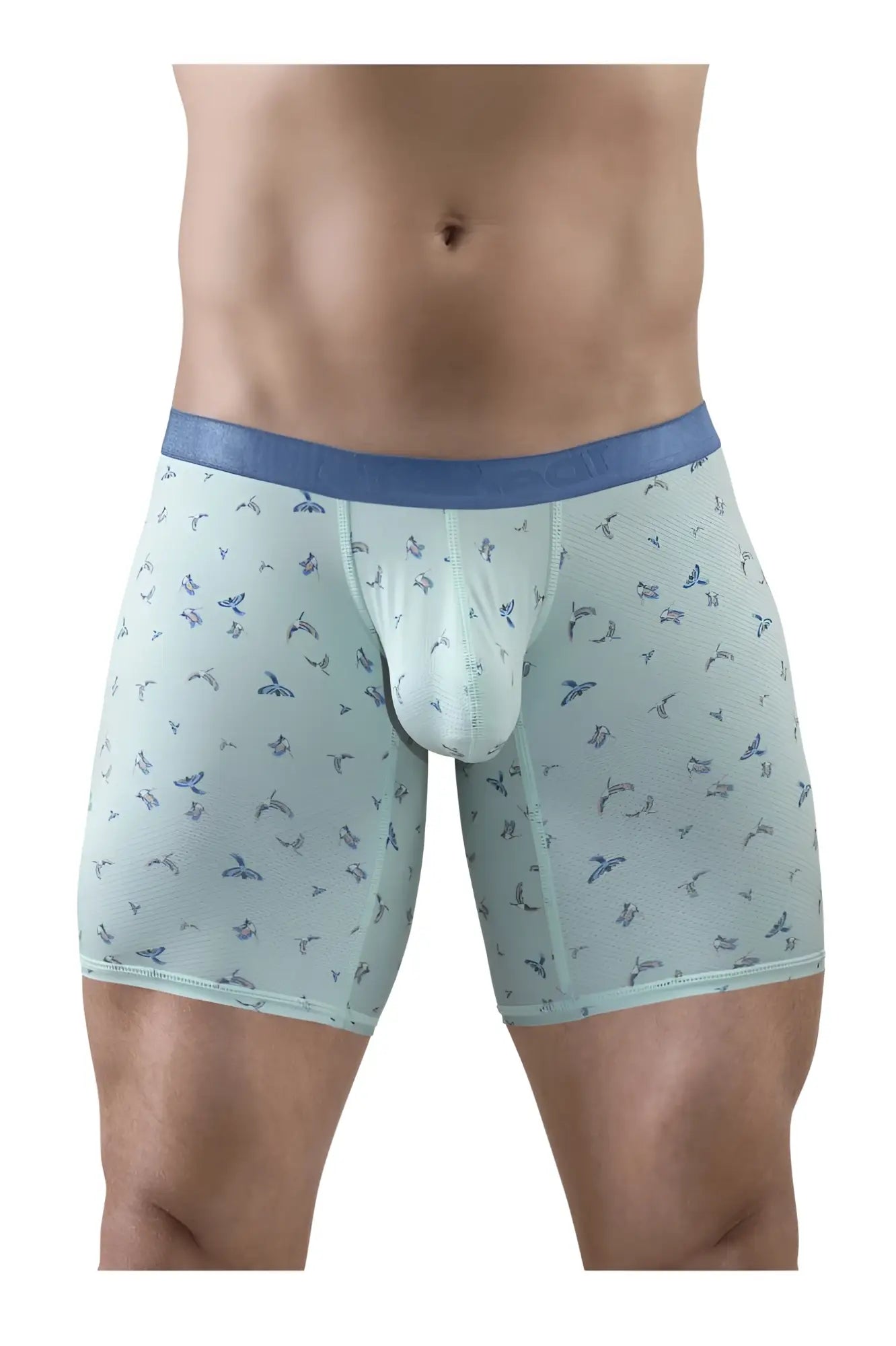 Ergo wear ew1779 slk se light blue boxer briefs with subtle bird pattern and dark blue waistband frosted birds design