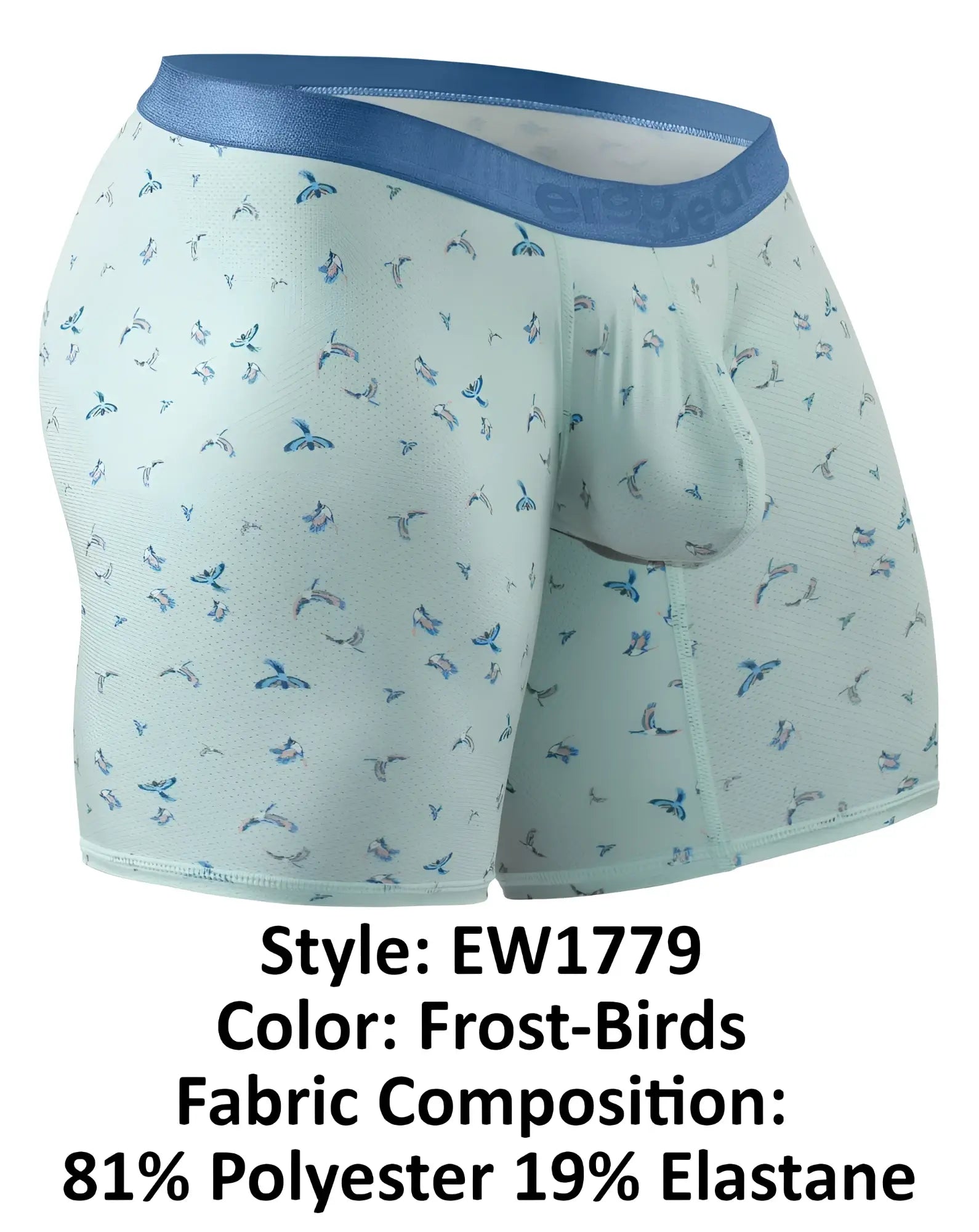 Light blue ergoWear ew1779 slk se boxer briefs with subtle darker blue and gray bird pattern