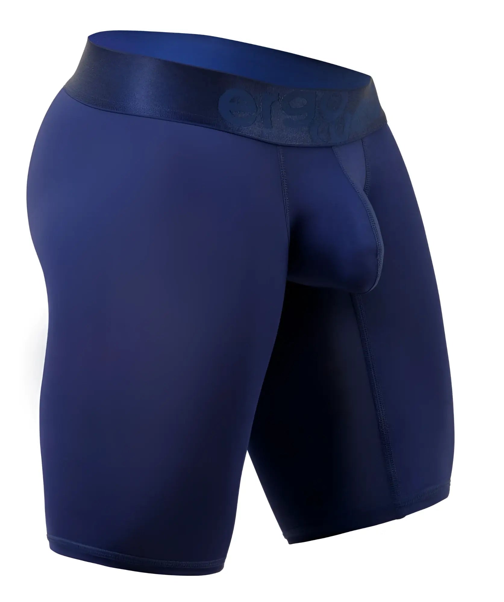 Navy blue ergo wear ew1781 max bold men’s boxer briefs with matching elastic waistband featuring org logo