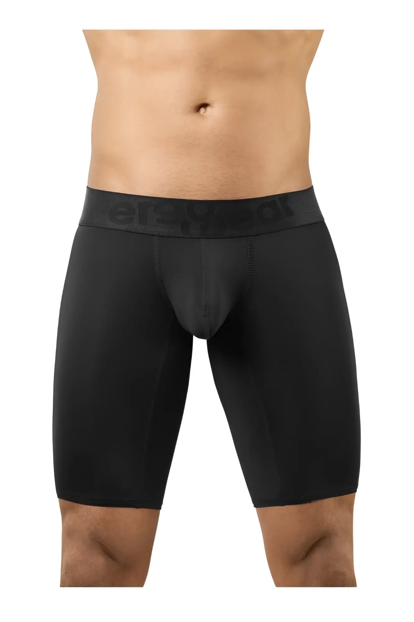 Black men’s boxer briefs with contoured design and elastic waistband with ersheat brand name in black color