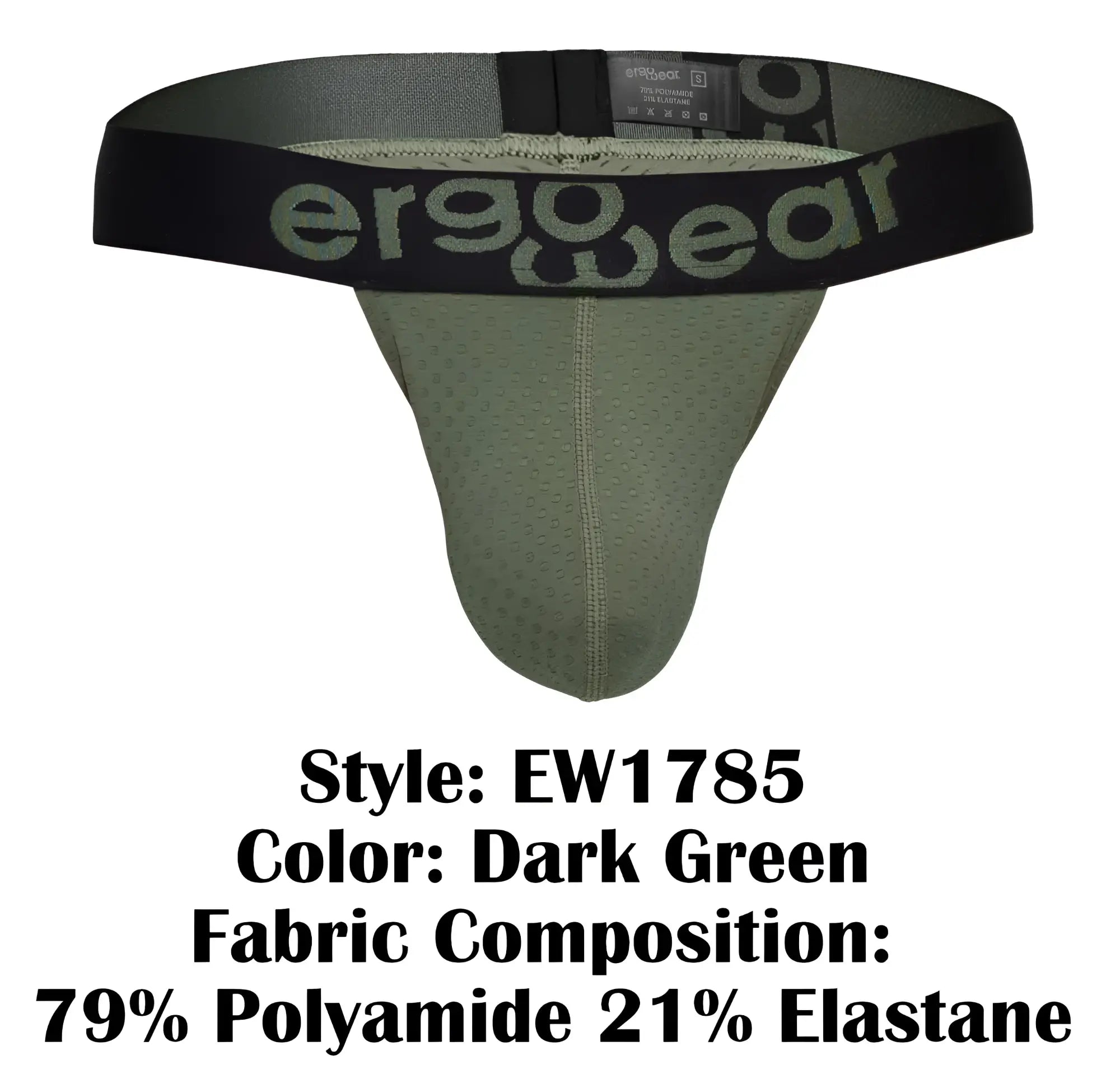 Dark green ergonomic briefs with black waistband and ergo wear logo in gray showing the back side of the g-string
