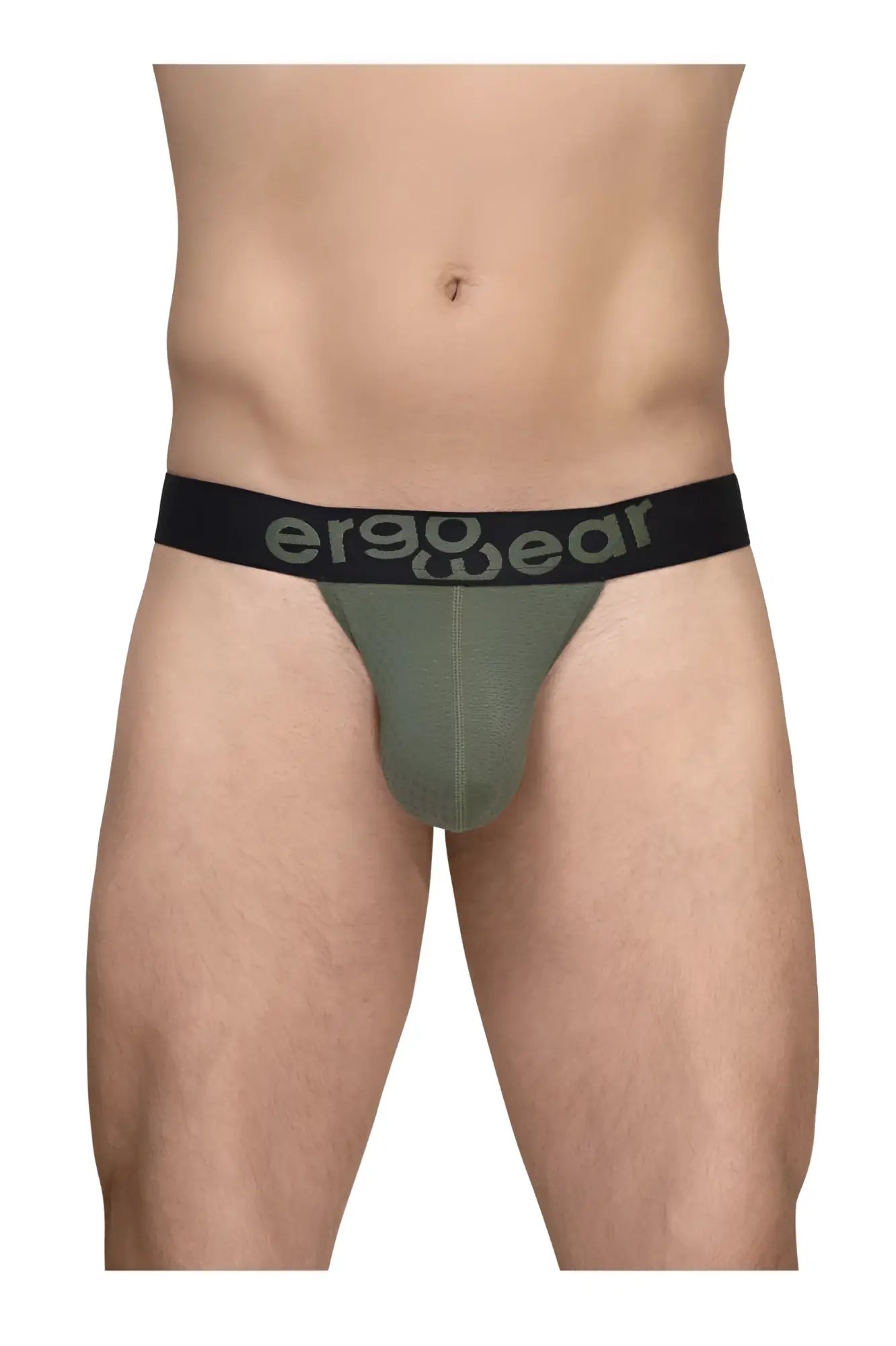Olive green ergo wear ew1785 max flow ergonomic briefs with black waistband and gray logo lettering front view